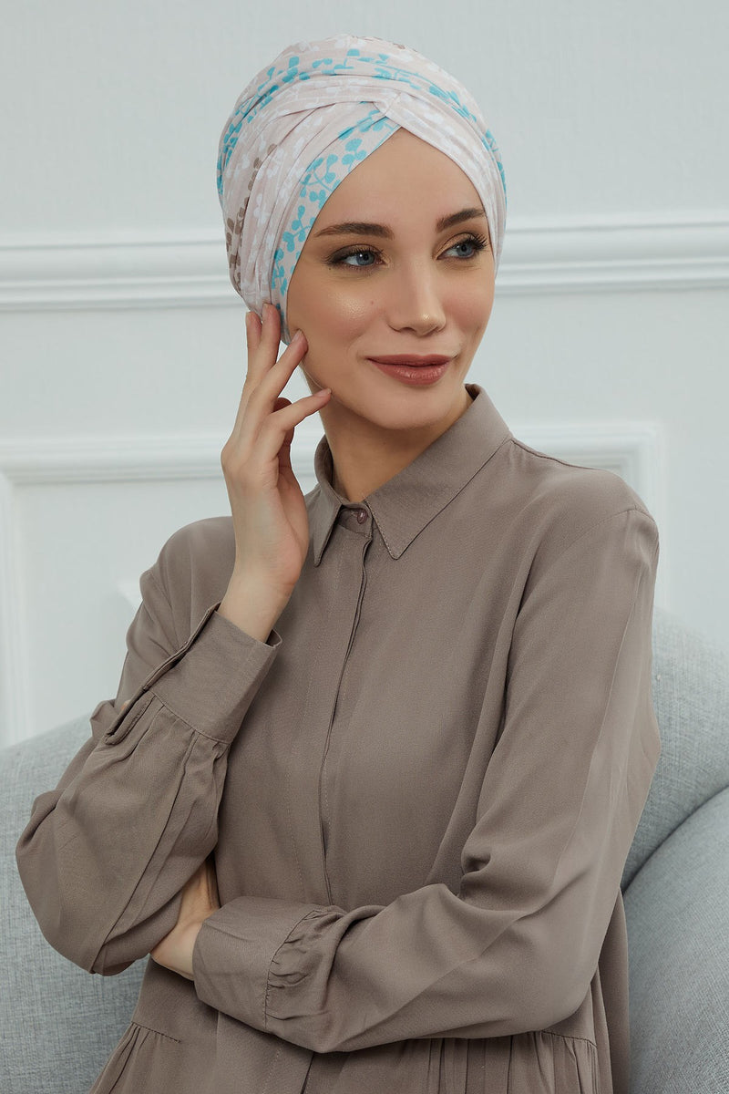 Printed Instant Turban for Women, 95% Cotton Pre-Tied Head Wrap, Lightweight Head Scarf Bonnet Cap with Beautiful Pattern Options,B-9YD