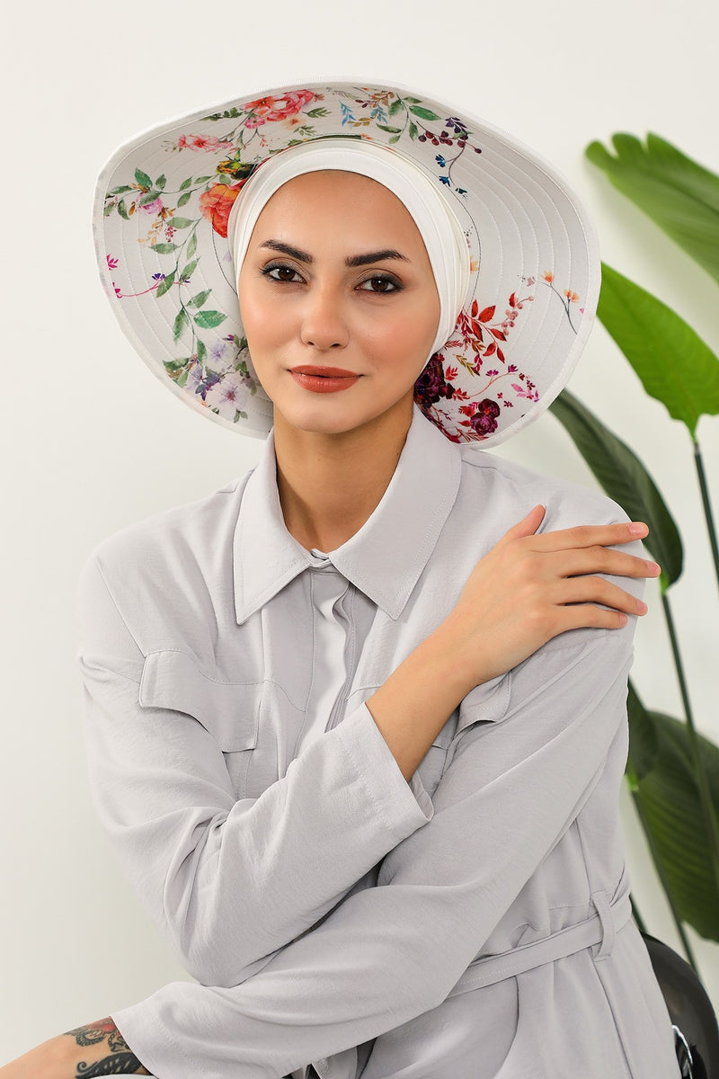 Printed Modest Sun Protective Turban Bonnet with Removable Bow Brim for Women, 2-in-1 Hijab Hat with Removable Brim with Patterns,S-8D