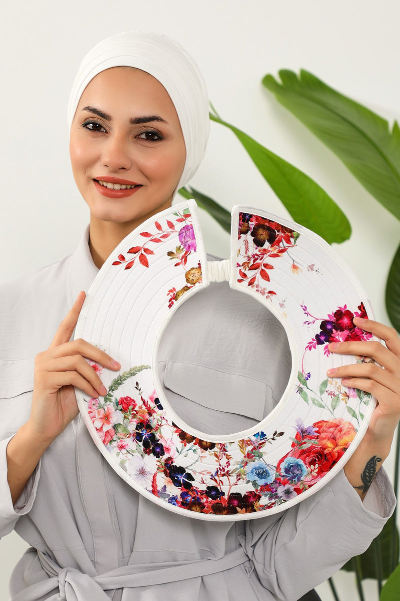 Printed Modest Sun Protective Turban Bonnet with Removable Bow Brim for Women, 2-in-1 Hijab Hat with Removable Brim with Patterns,S-8D