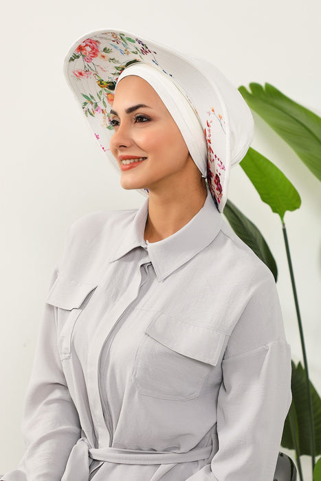 Printed Modest Sun Protective Turban Bonnet with Removable Bow Brim for Women, 2-in-1 Hijab Hat with Removable Brim with Patterns,S-8D
