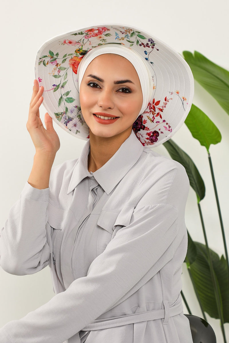 Printed Modest Sun Protective Turban Bonnet with Removable Bow Brim for Women, 2-in-1 Hijab Hat with Removable Brim with Patterns,S-8D