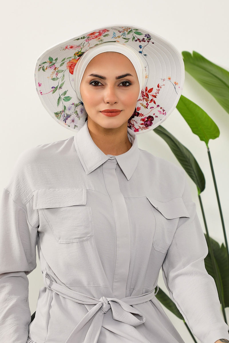 Printed Modest Sun Protective Turban Bonnet with Removable Bow Brim for Women, 2-in-1 Hijab Hat with Removable Brim with Patterns,S-8D