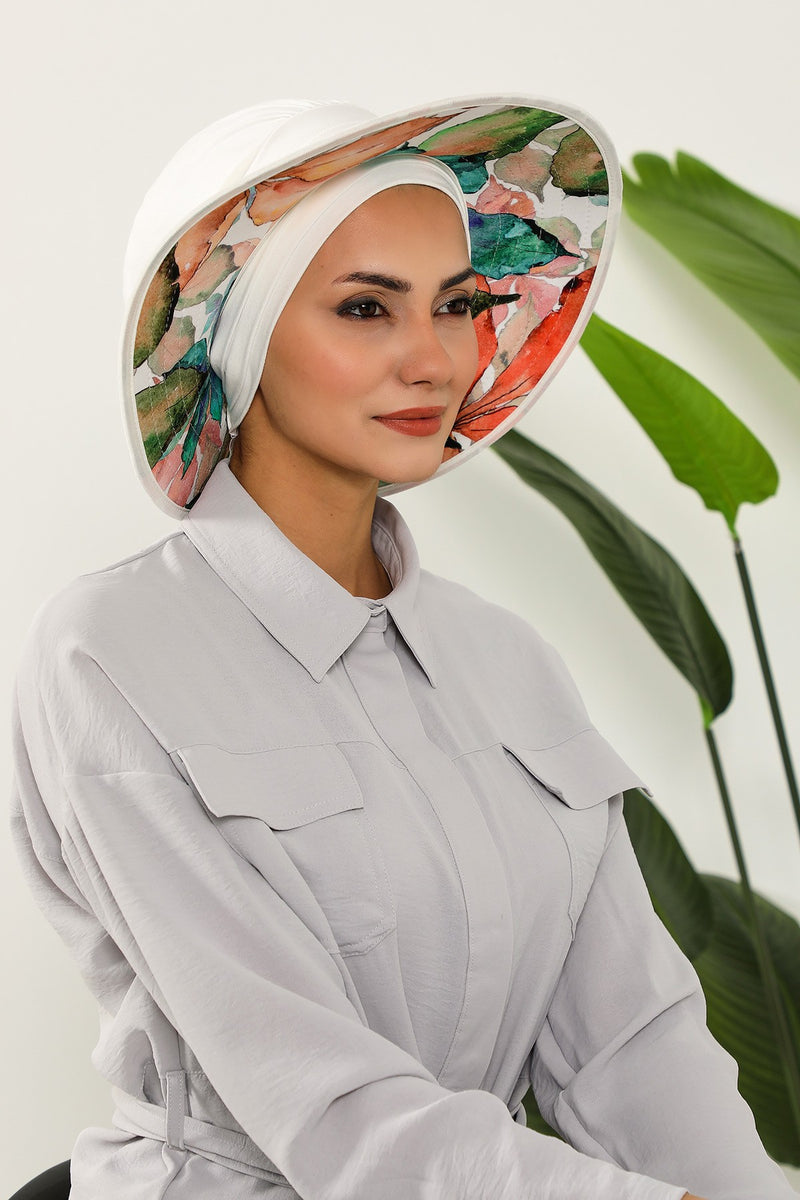 Printed Modest Sun Protective Turban Bonnet with Removable Bow Brim for Women, 2-in-1 Hijab Hat with Removable Brim with Patterns,S-8D