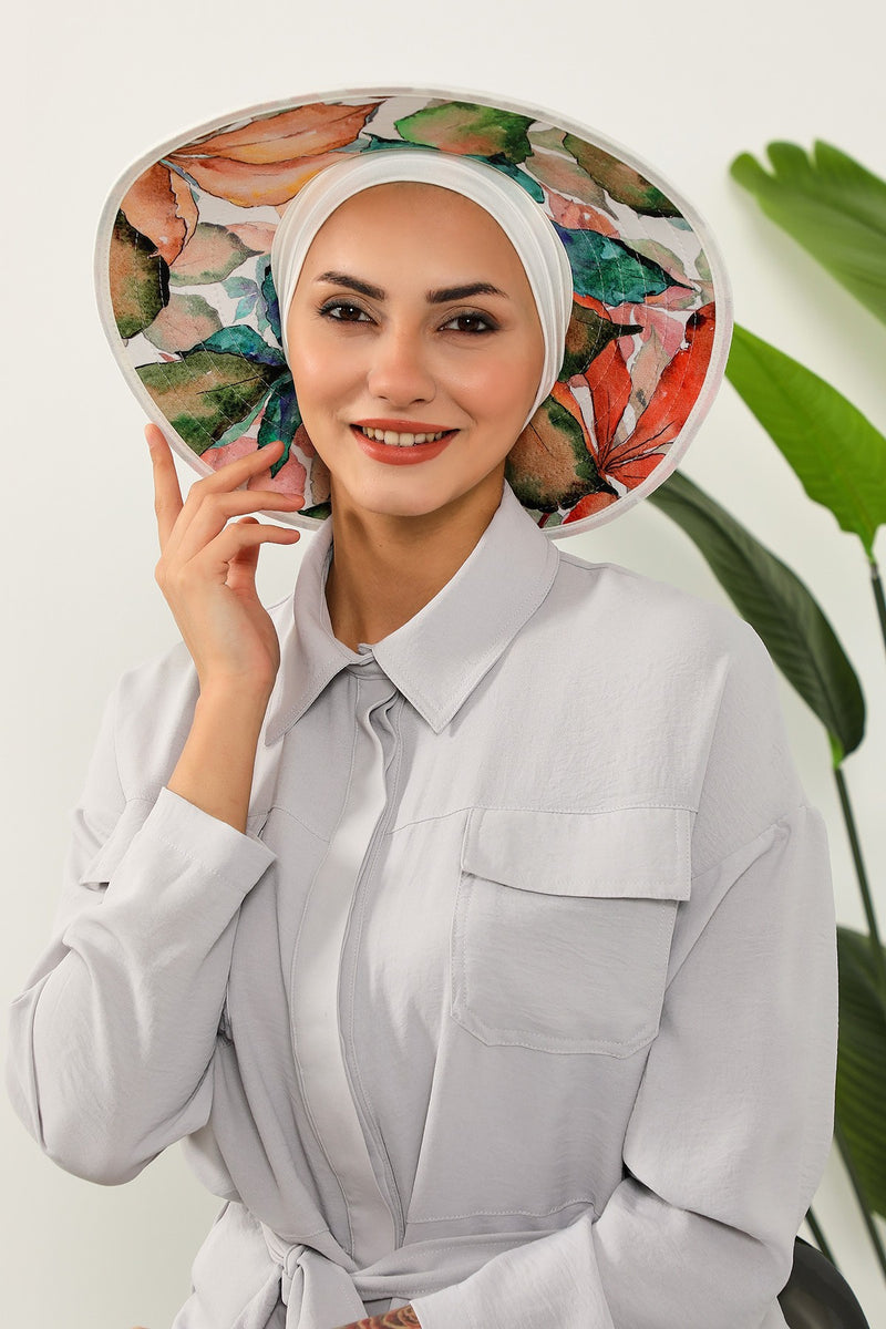 Printed Modest Sun Protective Turban Bonnet with Removable Bow Brim for Women, 2-in-1 Hijab Hat with Removable Brim with Patterns,S-8D