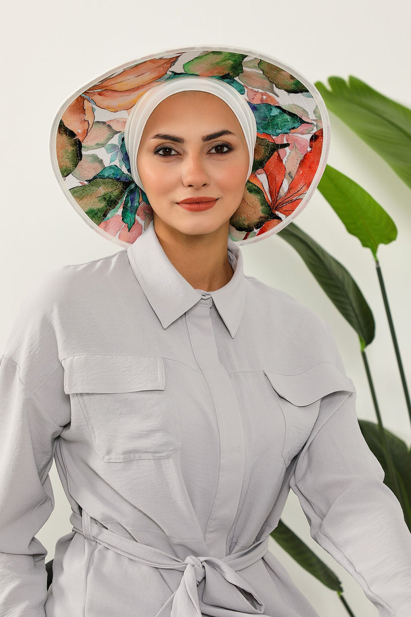 Printed Modest Sun Protective Turban Bonnet with Removable Bow Brim for Women, 2-in-1 Hijab Hat with Removable Brim with Patterns,S-8D
