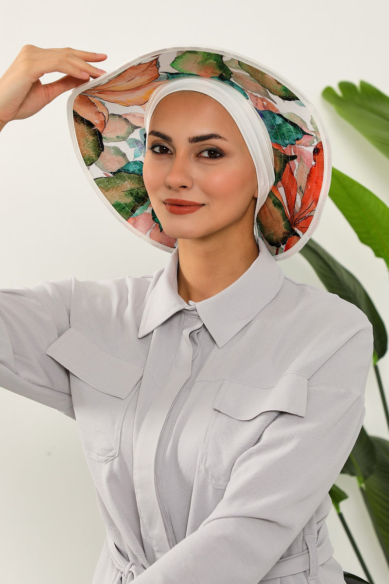 Printed Modest Sun Protective Turban Bonnet with Removable Bow Brim for Women, 2-in-1 Hijab Hat with Removable Brim with Patterns,S-8D