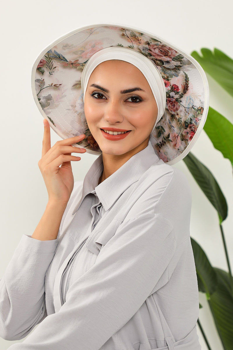 Printed Modest Sun Protective Turban Bonnet with Removable Bow Brim for Women, 2-in-1 Hijab Hat with Removable Brim with Patterns,S-8D