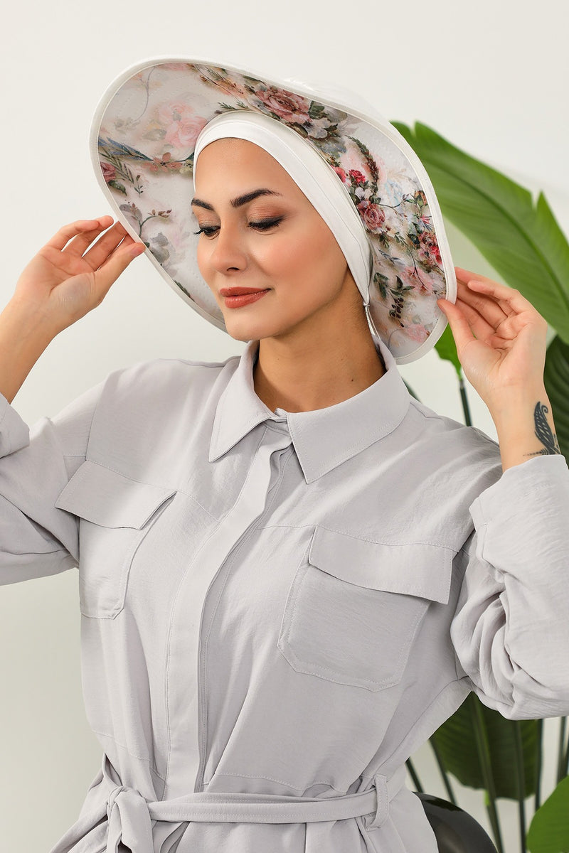 Printed Modest Sun Protective Turban Bonnet with Removable Bow Brim for Women, 2-in-1 Hijab Hat with Removable Brim with Patterns,S-8D