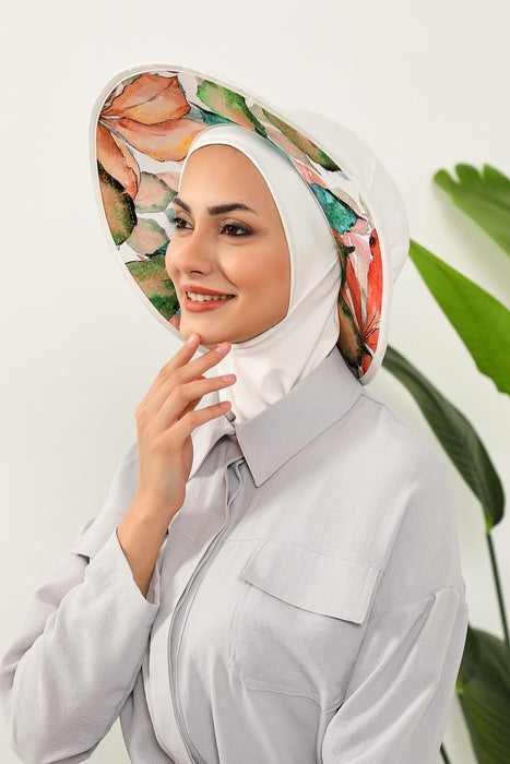 Printed Modest Sun Protective Turban Bonnet with Removable Bow Brim for Women, 2-in-1 Hijab Ninja Cap with Laminated Removable Brim Pattern,S-6D