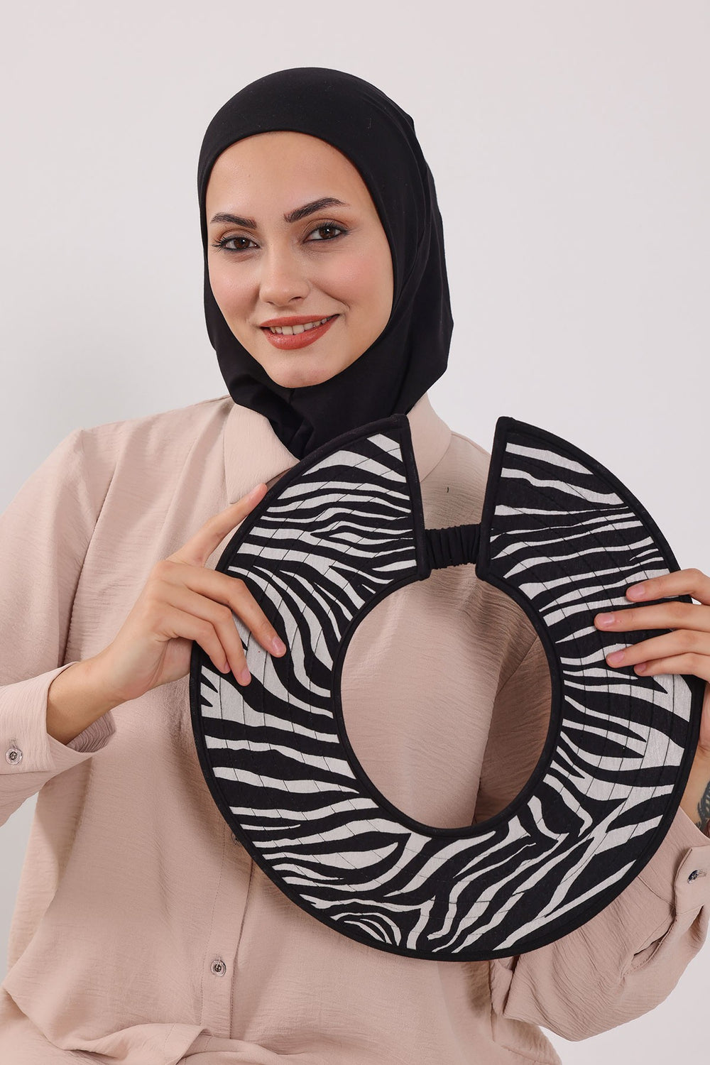 Printed Modest Sun Protective Turban Bonnet with Removable Bow Brim for Women, 2-in-1 Hijab Ninja Cap with Laminated Removable Brim Pattern,S-6D Black - Zebra Pattern