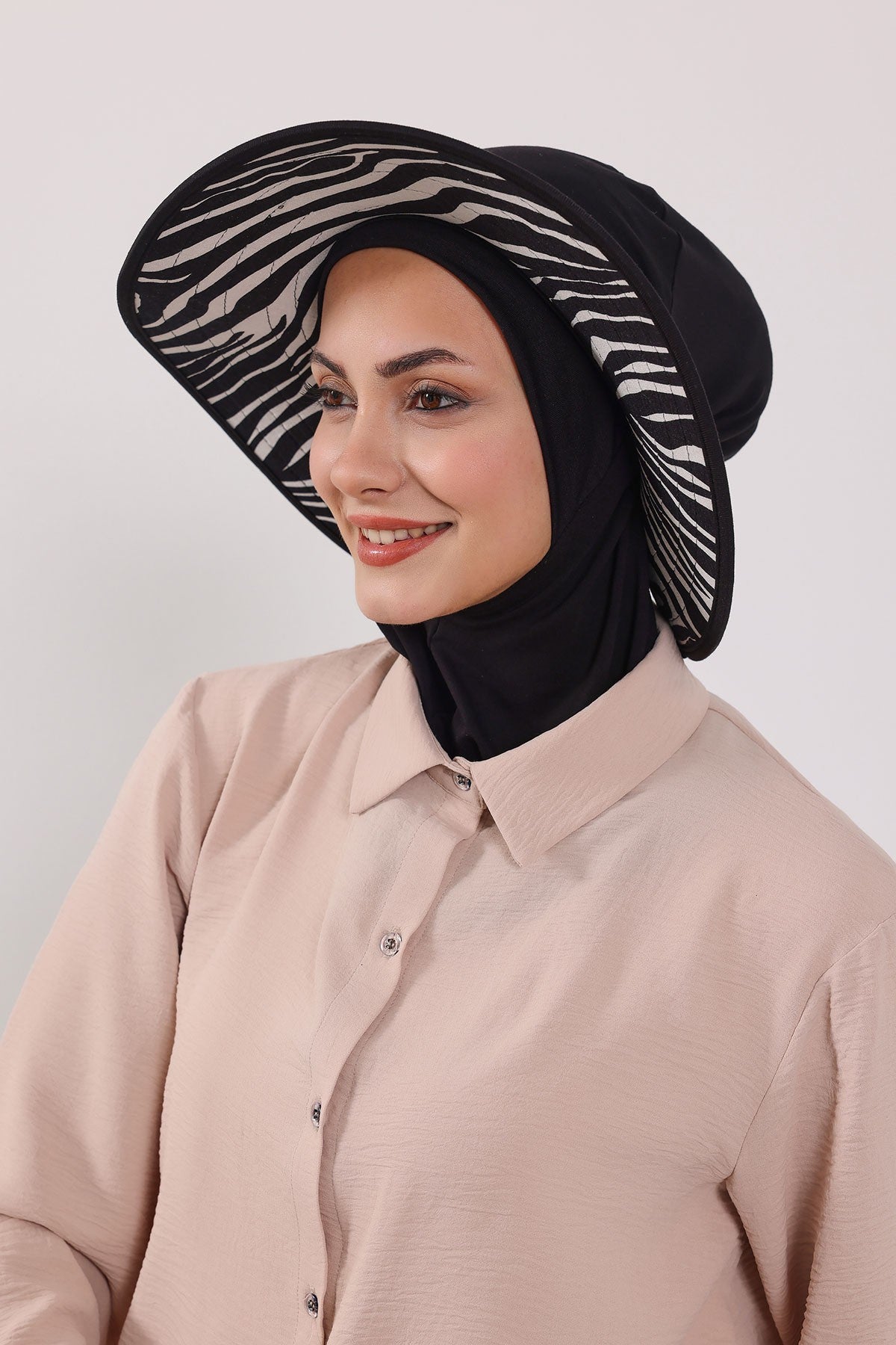 Printed Modest Sun Protective Turban Bonnet with Removable Bow Brim for Women, 2-in-1 Hijab Ninja Cap with Laminated Removable Brim Pattern,S-6D Black - Zebra Pattern