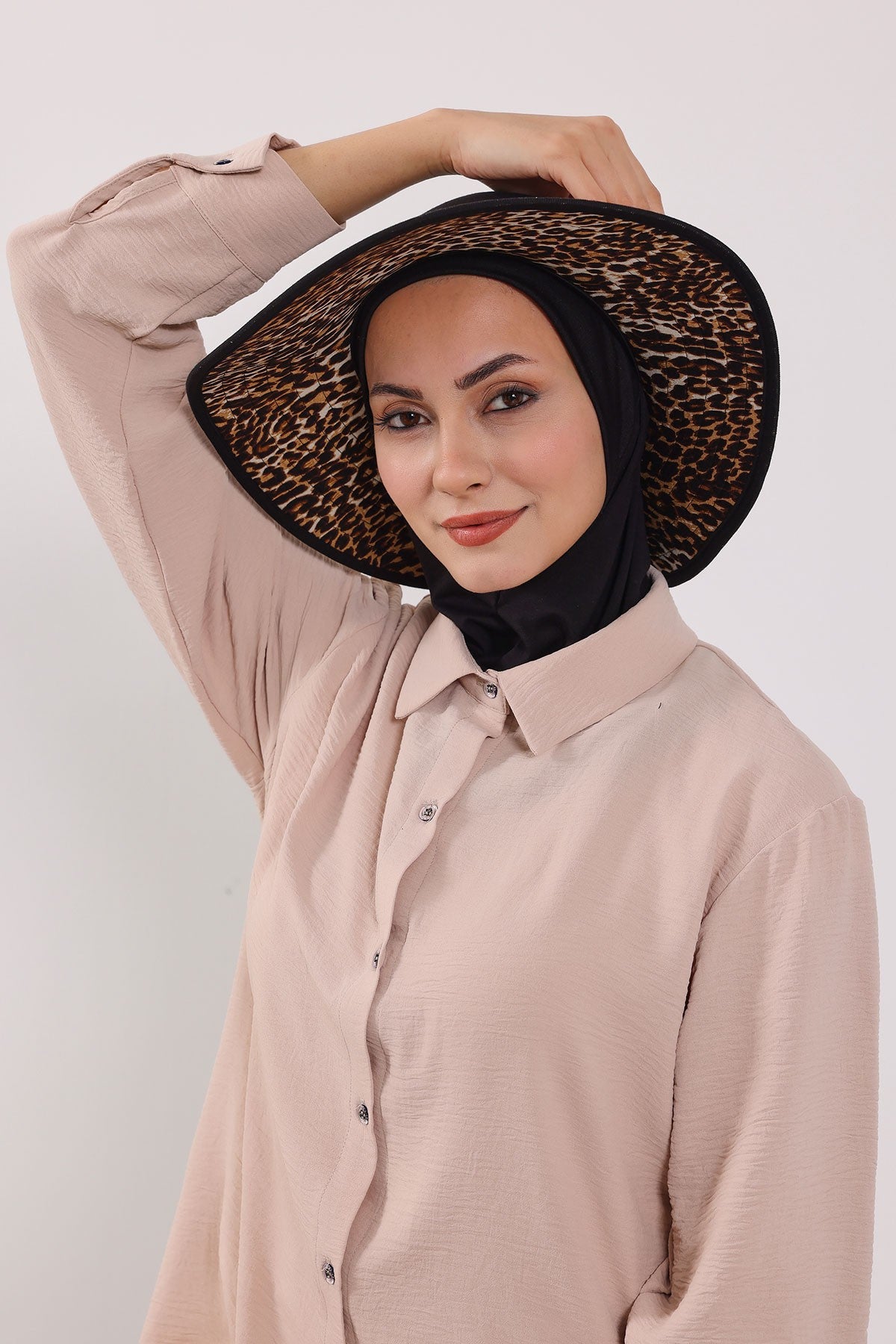 Printed Modest Sun Protective Turban Bonnet with Removable Bow Brim for Women, 2-in-1 Hijab Ninja Cap with Laminated Removable Brim Pattern,S-6D Black - Leopard Pattern