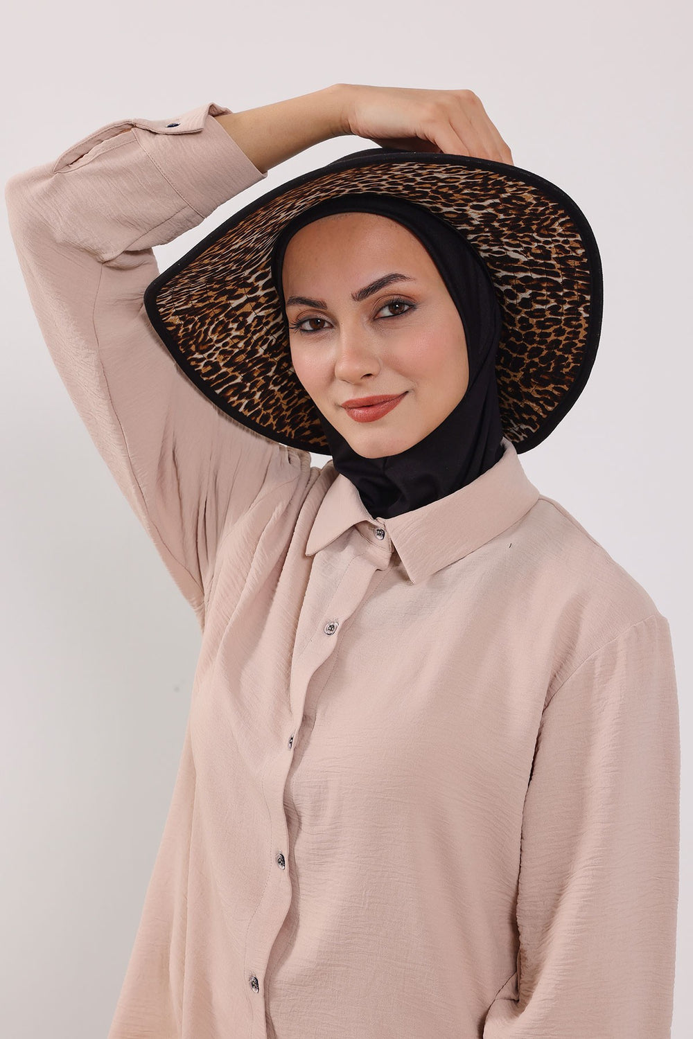 Printed Modest Sun Protective Turban Bonnet with Removable Bow Brim for Women, 2-in-1 Hijab Ninja Cap with Laminated Removable Brim Pattern,S-6D Black - Leopard Pattern