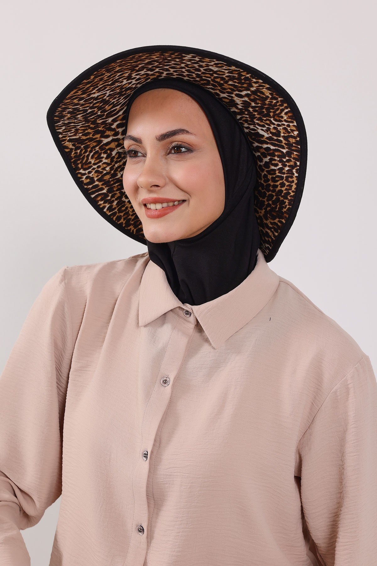 Printed Modest Sun Protective Turban Bonnet with Removable Bow Brim for Women, 2-in-1 Hijab Ninja Cap with Laminated Removable Brim Pattern,S-6D Black - Leopard Pattern