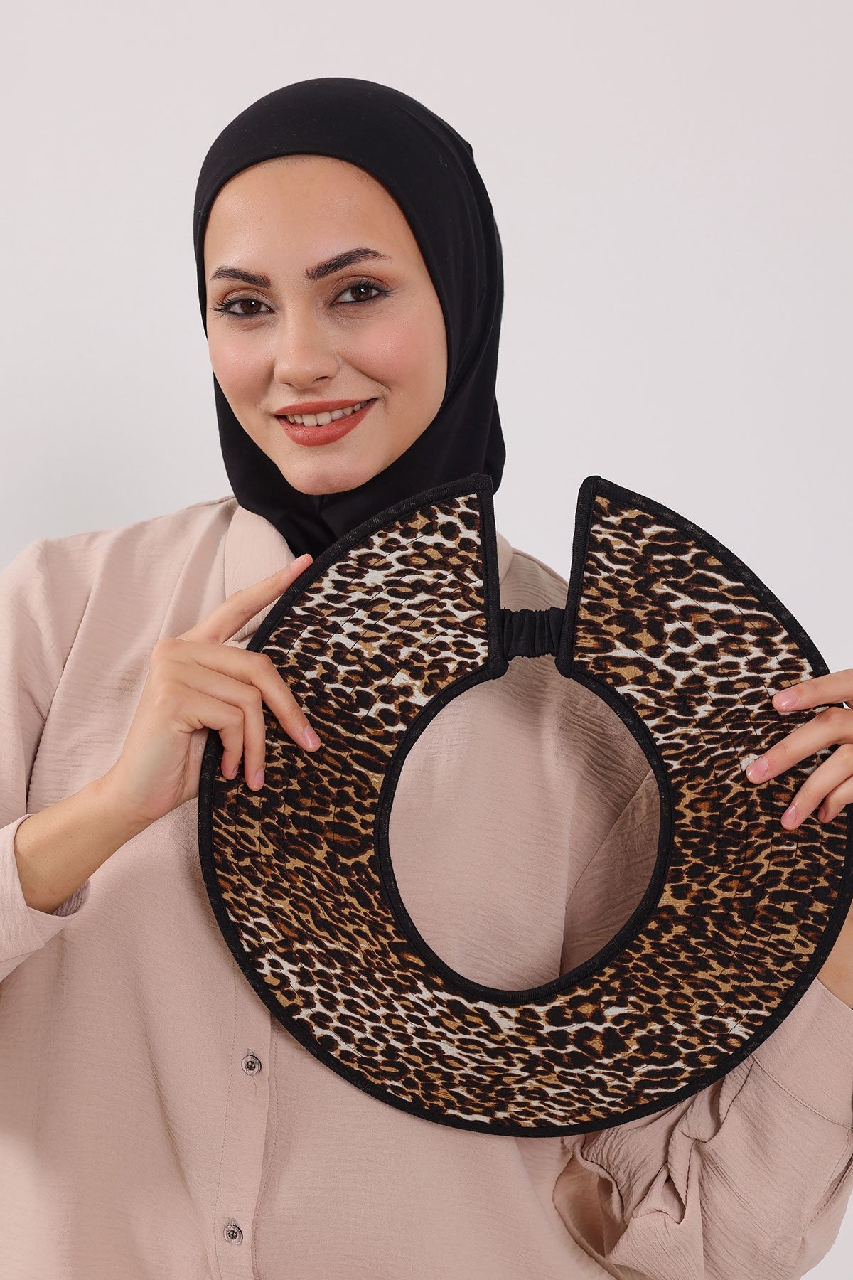 Printed Modest Sun Protective Turban Bonnet with Removable Bow Brim for Women, 2-in-1 Hijab Ninja Cap with Laminated Removable Brim Pattern,S-6D Black - Leopard Pattern