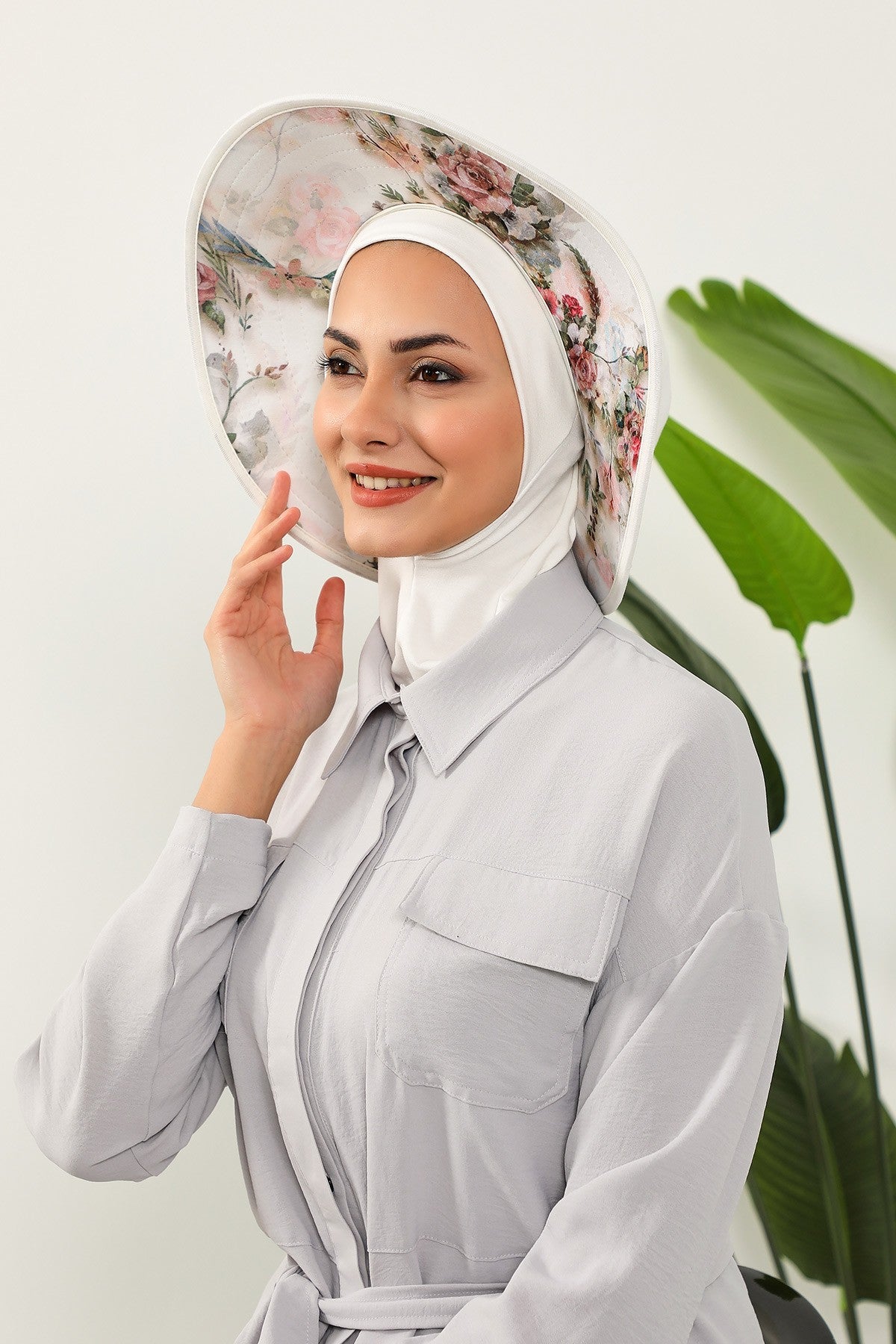 Printed Modest Sun Protective Turban Bonnet with Removable Bow Brim for Women, 2-in-1 Hijab Ninja Cap with Laminated Removable Brim Pattern,S-6D Ivory - Morning Pattern