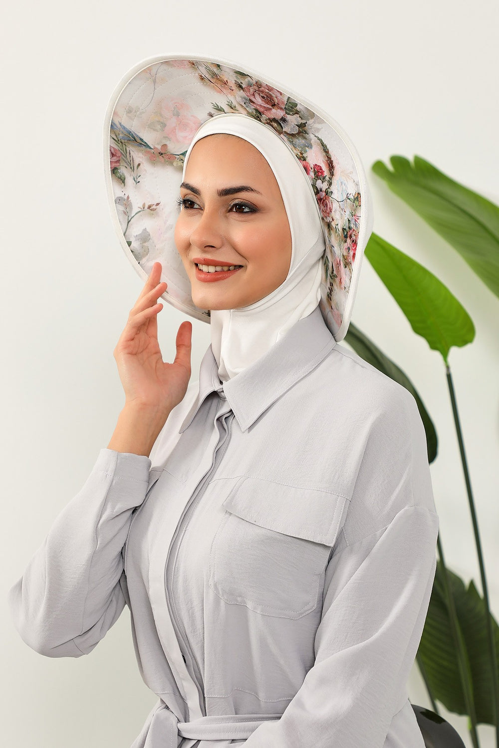 Printed Modest Sun Protective Turban Bonnet with Removable Bow Brim for Women, 2-in-1 Hijab Ninja Cap with Laminated Removable Brim Pattern,S-6D Ivory - Morning Pattern