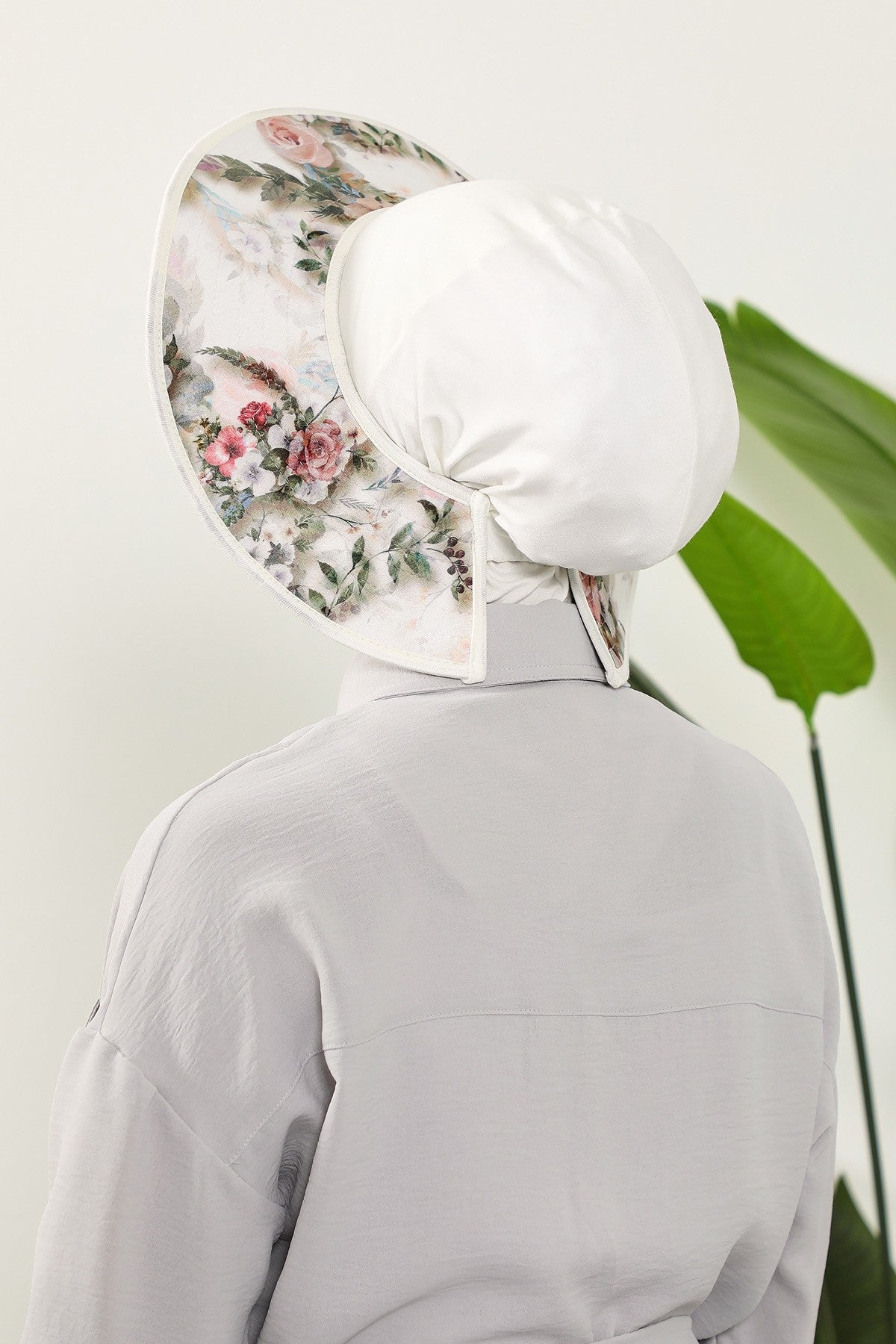 Printed Modest Sun Protective Turban Bonnet with Removable Bow Brim for Women, 2-in-1 Hijab Ninja Cap with Laminated Removable Brim Pattern,S-6D Ivory - Morning Pattern