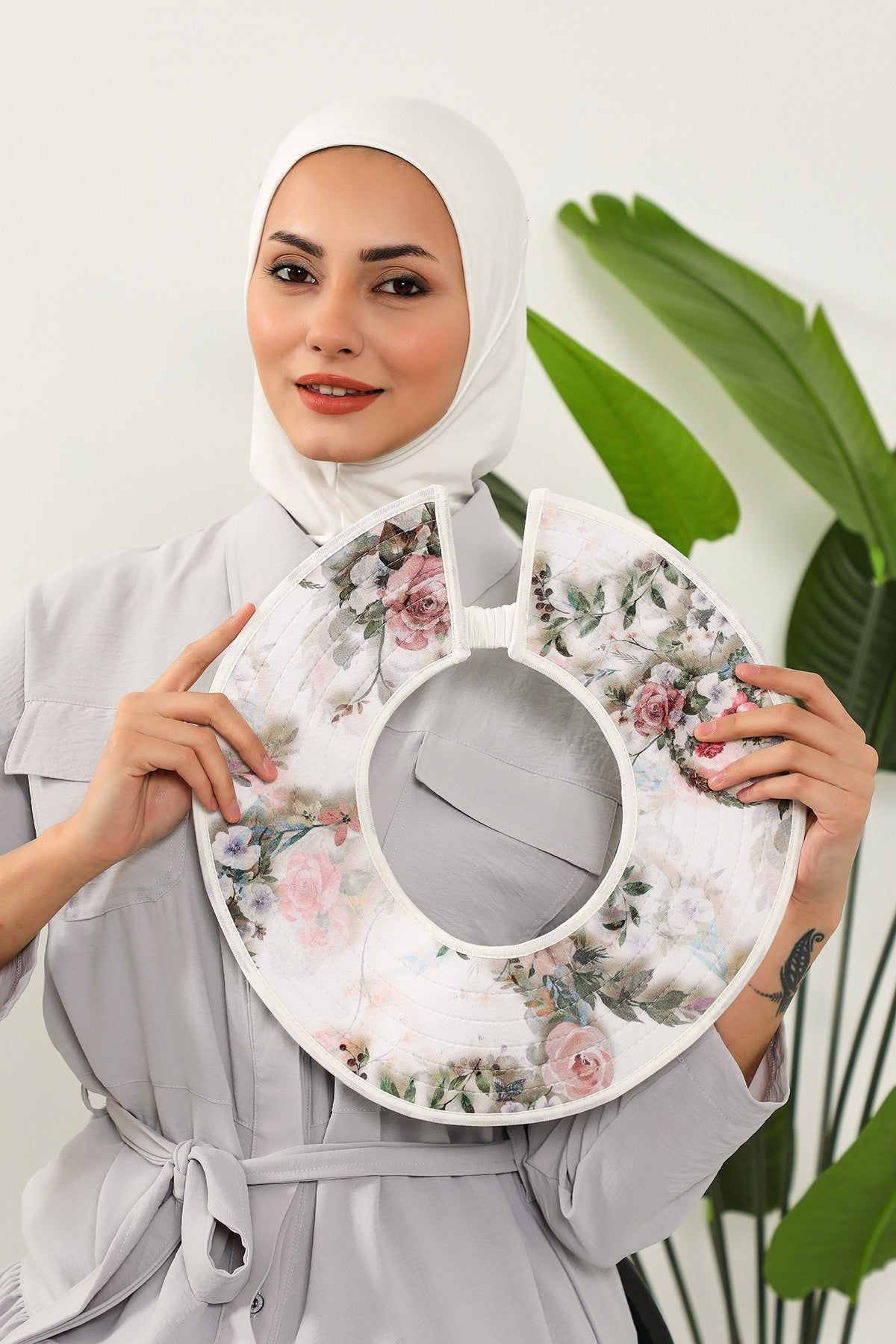 Printed Modest Sun Protective Turban Bonnet with Removable Bow Brim for Women, 2-in-1 Hijab Ninja Cap with Laminated Removable Brim Pattern,S-6D Ivory - Morning Pattern
