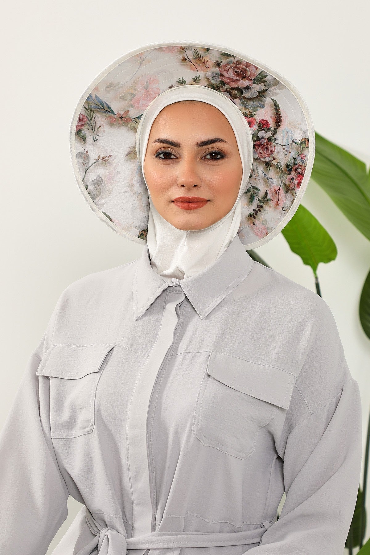 Printed Modest Sun Protective Turban Bonnet with Removable Bow Brim for Women, 2-in-1 Hijab Ninja Cap with Laminated Removable Brim Pattern,S-6D Ivory - Morning Pattern