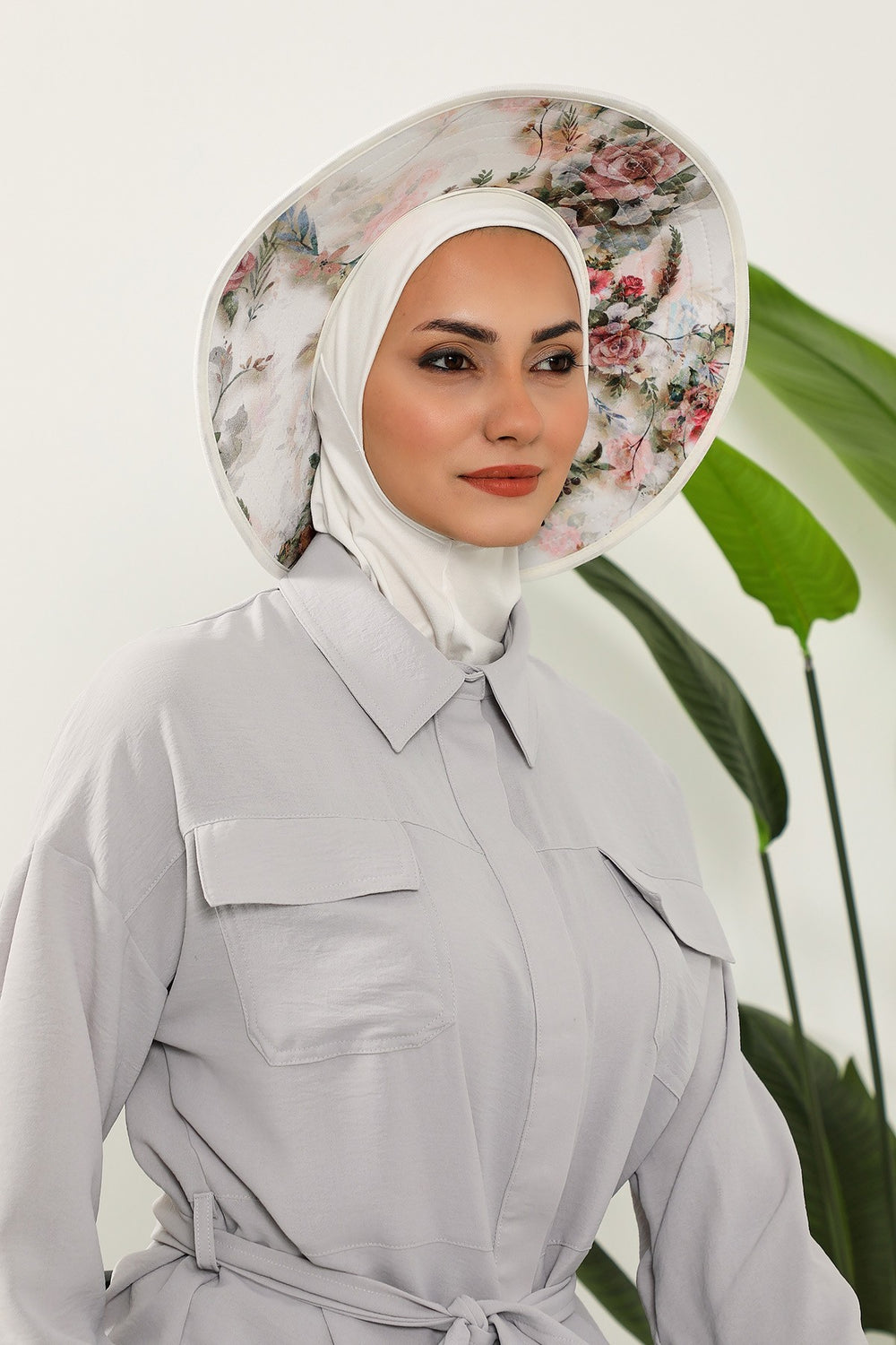 Printed Modest Sun Protective Turban Bonnet with Removable Bow Brim for Women, 2-in-1 Hijab Ninja Cap with Laminated Removable Brim Pattern,S-6D Ivory - Morning Pattern