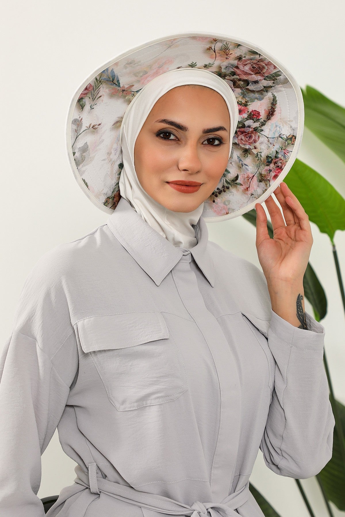 Printed Modest Sun Protective Turban Bonnet with Removable Bow Brim for Women, 2-in-1 Hijab Ninja Cap with Laminated Removable Brim Pattern,S-6D Ivory - Morning Pattern