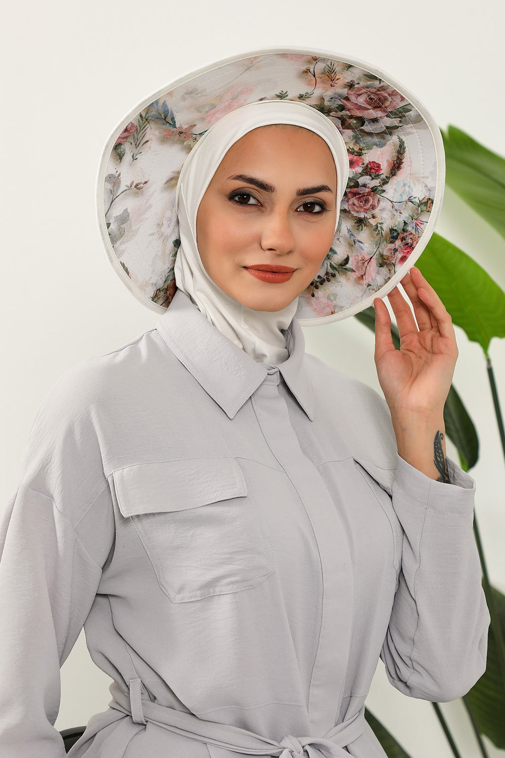 Printed Modest Sun Protective Turban Bonnet with Removable Bow Brim for Women, 2-in-1 Hijab Ninja Cap with Laminated Removable Brim Pattern,S-6D Ivory - Morning Pattern