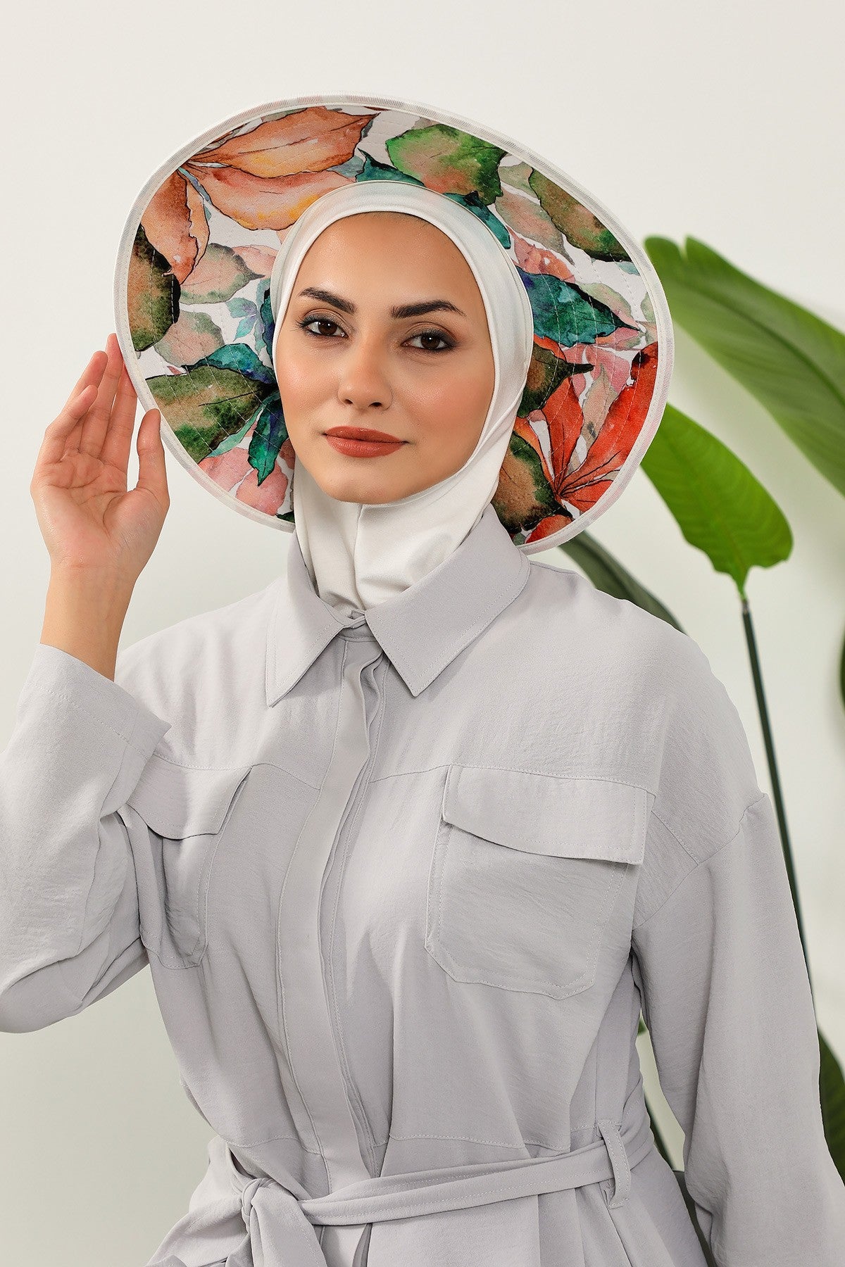 Printed Modest Sun Protective Turban Bonnet with Removable Bow Brim for Women, 2-in-1 Hijab Ninja Cap with Laminated Removable Brim Pattern,S-6D Ivory - Autumn Pattern