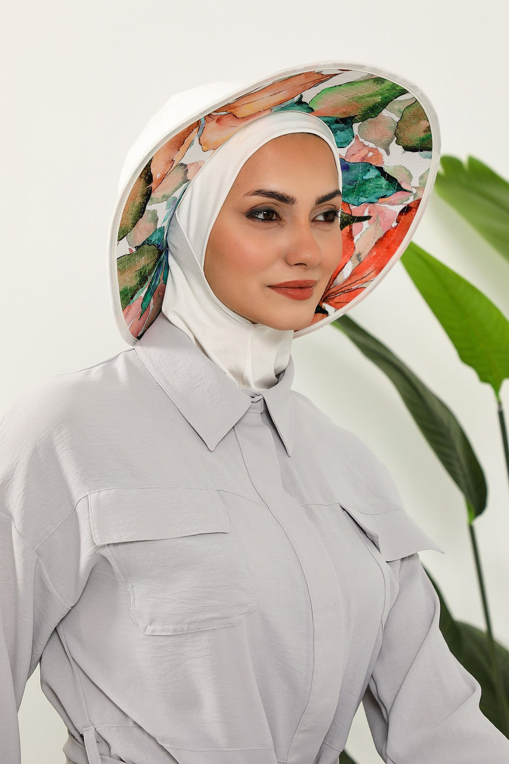 Printed Modest Sun Protective Turban Bonnet with Removable Bow Brim for Women, 2-in-1 Hijab Ninja Cap with Laminated Removable Brim Pattern,S-6D Ivory - Autumn Pattern