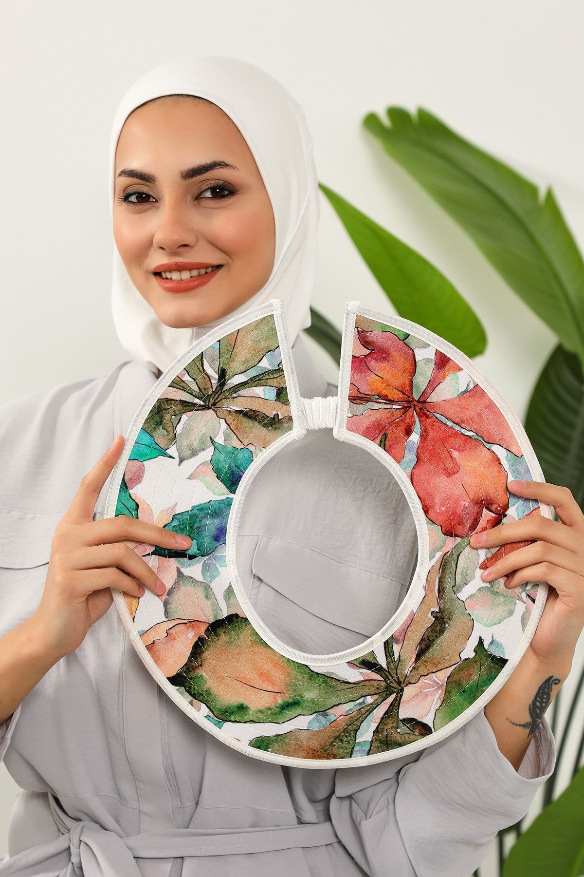 Printed Modest Sun Protective Turban Bonnet with Removable Bow Brim for Women, 2-in-1 Hijab Ninja Cap with Laminated Removable Brim Pattern,S-6D Ivory - Autumn Pattern