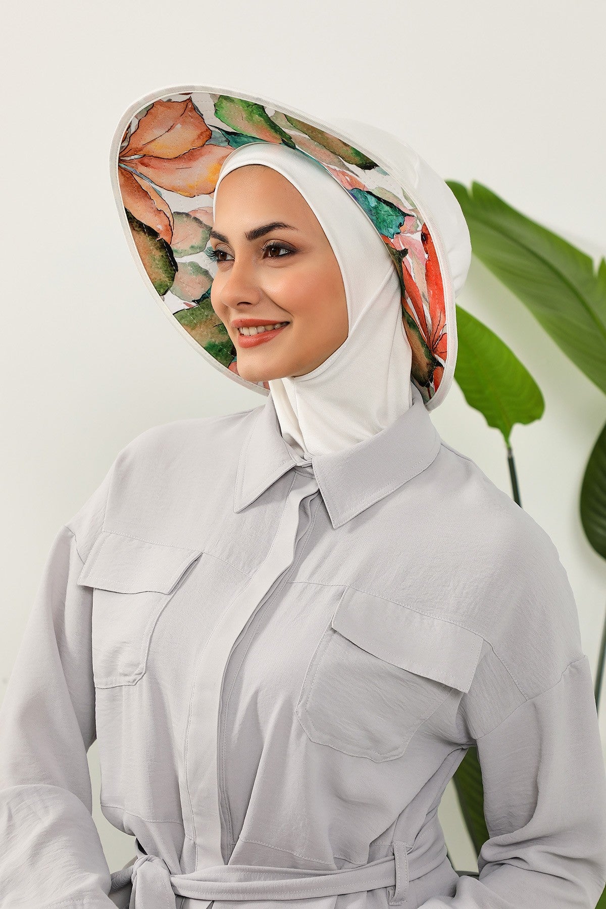 Printed Modest Sun Protective Turban Bonnet with Removable Bow Brim for Women, 2-in-1 Hijab Ninja Cap with Laminated Removable Brim Pattern,S-6D Ivory - Autumn Pattern