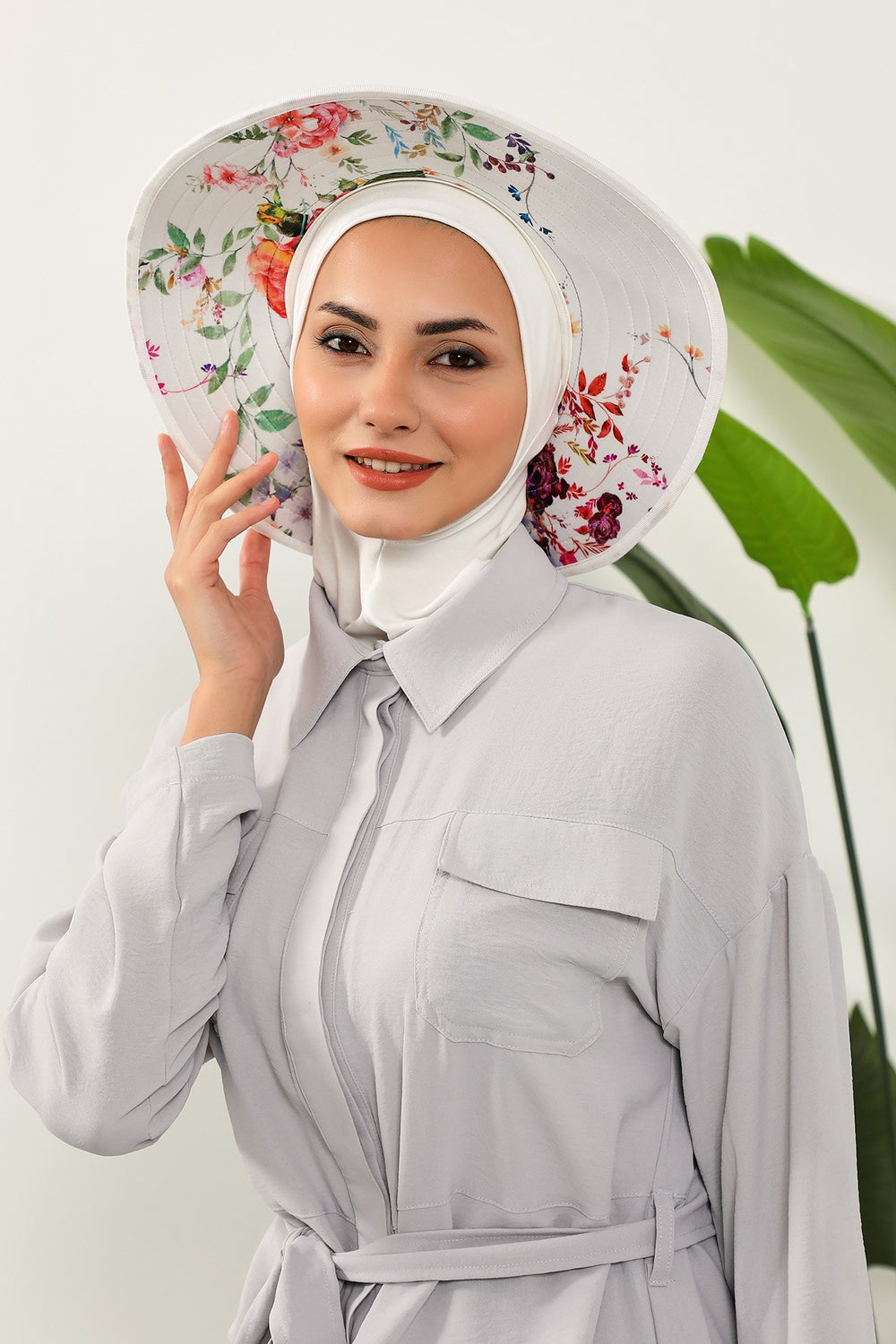 Printed Modest Sun Protective Turban Bonnet with Removable Bow Brim for Women, 2-in-1 Hijab Ninja Cap with Laminated Removable Brim Pattern,S-6D Ivory - Olive Pattern