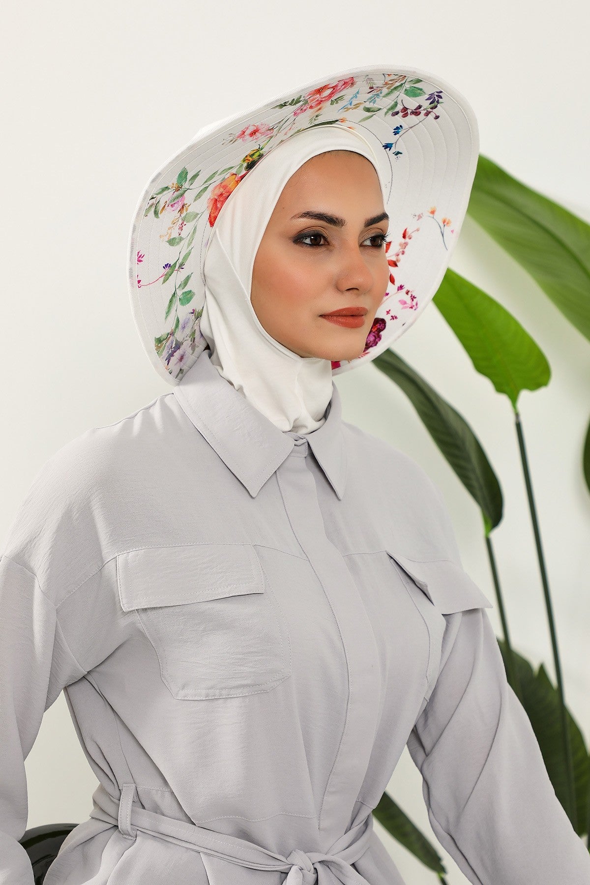 Printed Modest Sun Protective Turban Bonnet with Removable Bow Brim for Women, 2-in-1 Hijab Ninja Cap with Laminated Removable Brim Pattern,S-6D Ivory - Olive Pattern