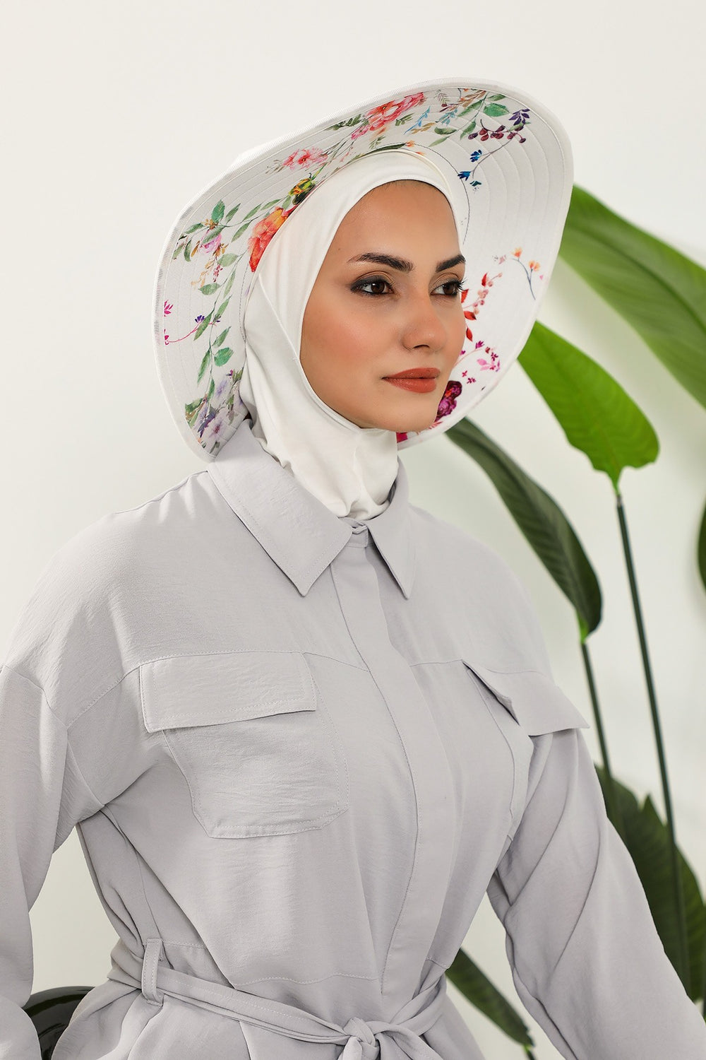 Printed Modest Sun Protective Turban Bonnet with Removable Bow Brim for Women, 2-in-1 Hijab Ninja Cap with Laminated Removable Brim Pattern,S-6D Ivory - Olive Pattern