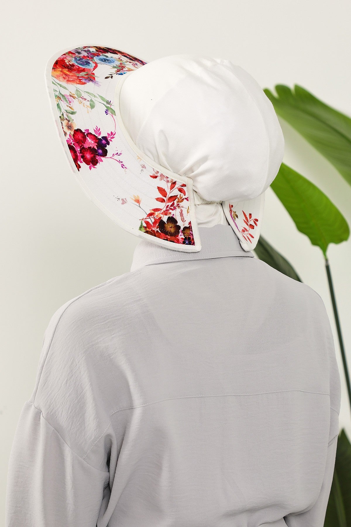 Printed Modest Sun Protective Turban Bonnet with Removable Bow Brim for Women, 2-in-1 Hijab Ninja Cap with Laminated Removable Brim Pattern,S-6D Ivory - Olive Pattern