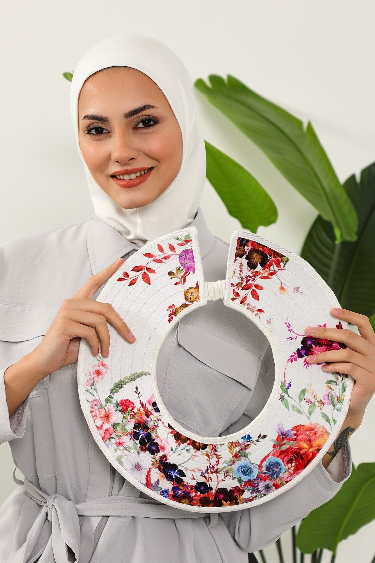 Printed Modest Sun Protective Turban Bonnet with Removable Bow Brim for Women, 2-in-1 Hijab Ninja Cap with Laminated Removable Brim Pattern,S-6D Ivory - Olive Pattern