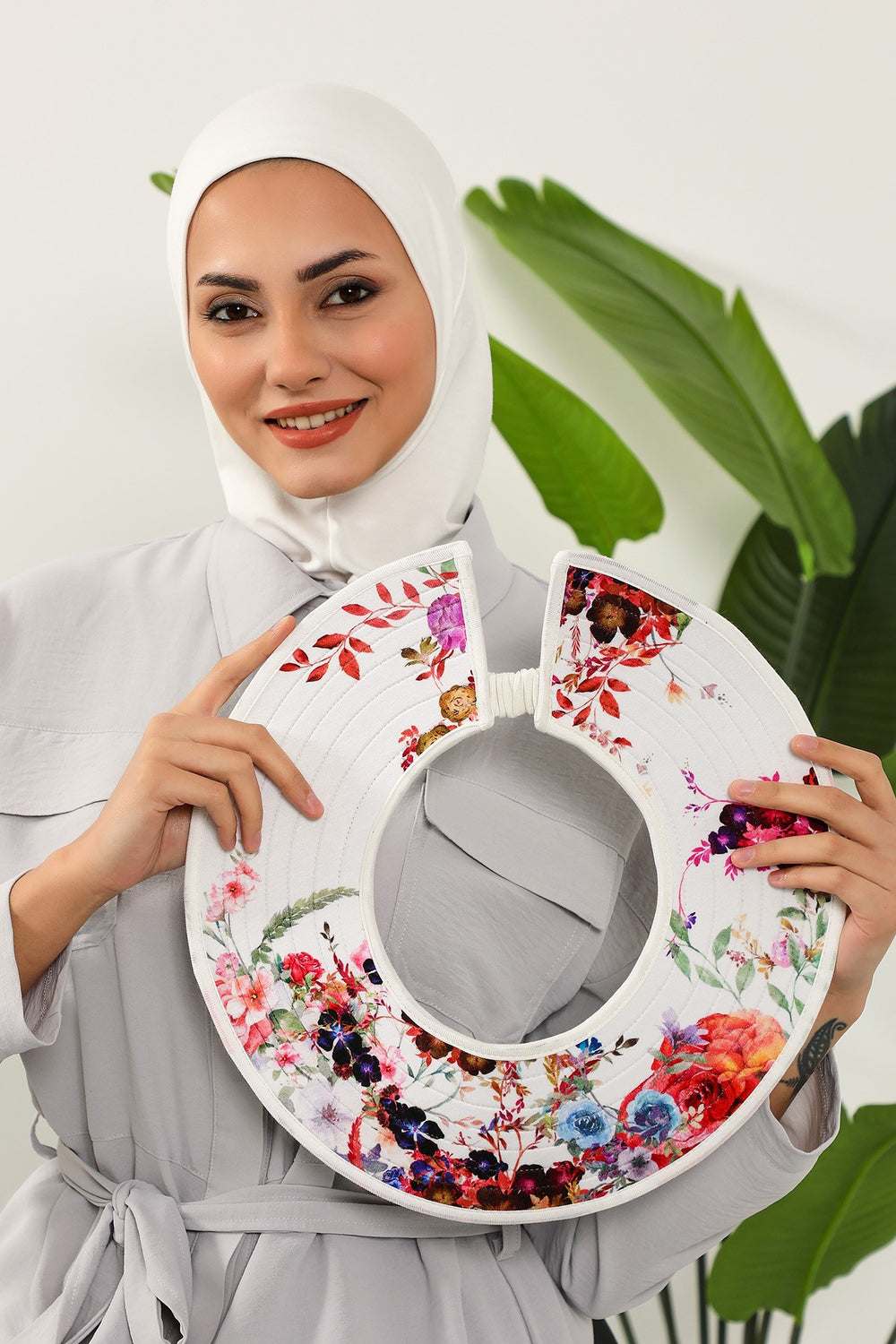 Printed Modest Sun Protective Turban Bonnet with Removable Bow Brim for Women, 2-in-1 Hijab Ninja Cap with Laminated Removable Brim Pattern,S-6D Ivory - Olive Pattern