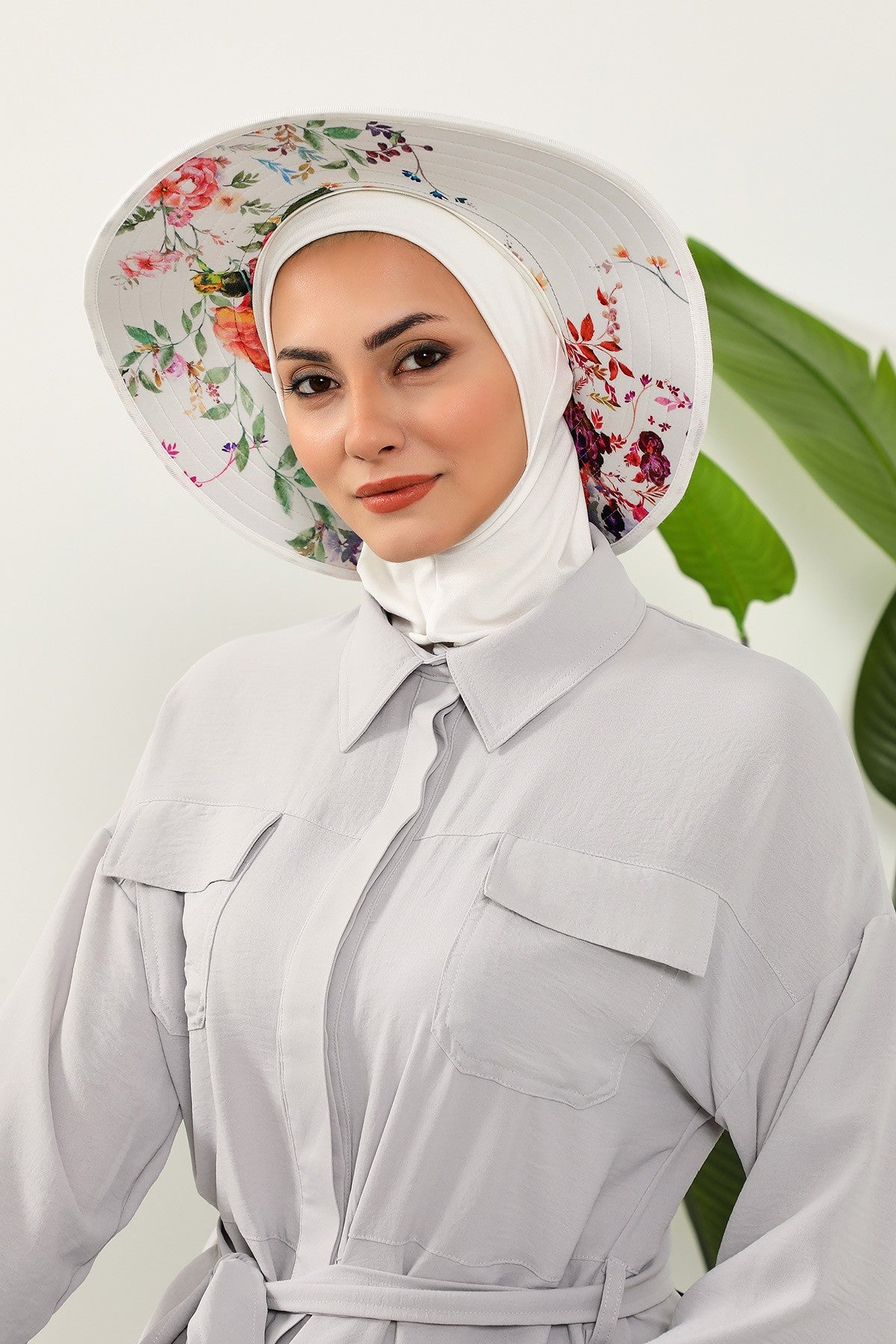Printed Modest Sun Protective Turban Bonnet with Removable Bow Brim for Women, 2-in-1 Hijab Ninja Cap with Laminated Removable Brim Pattern,S-6D Ivory - Olive Pattern