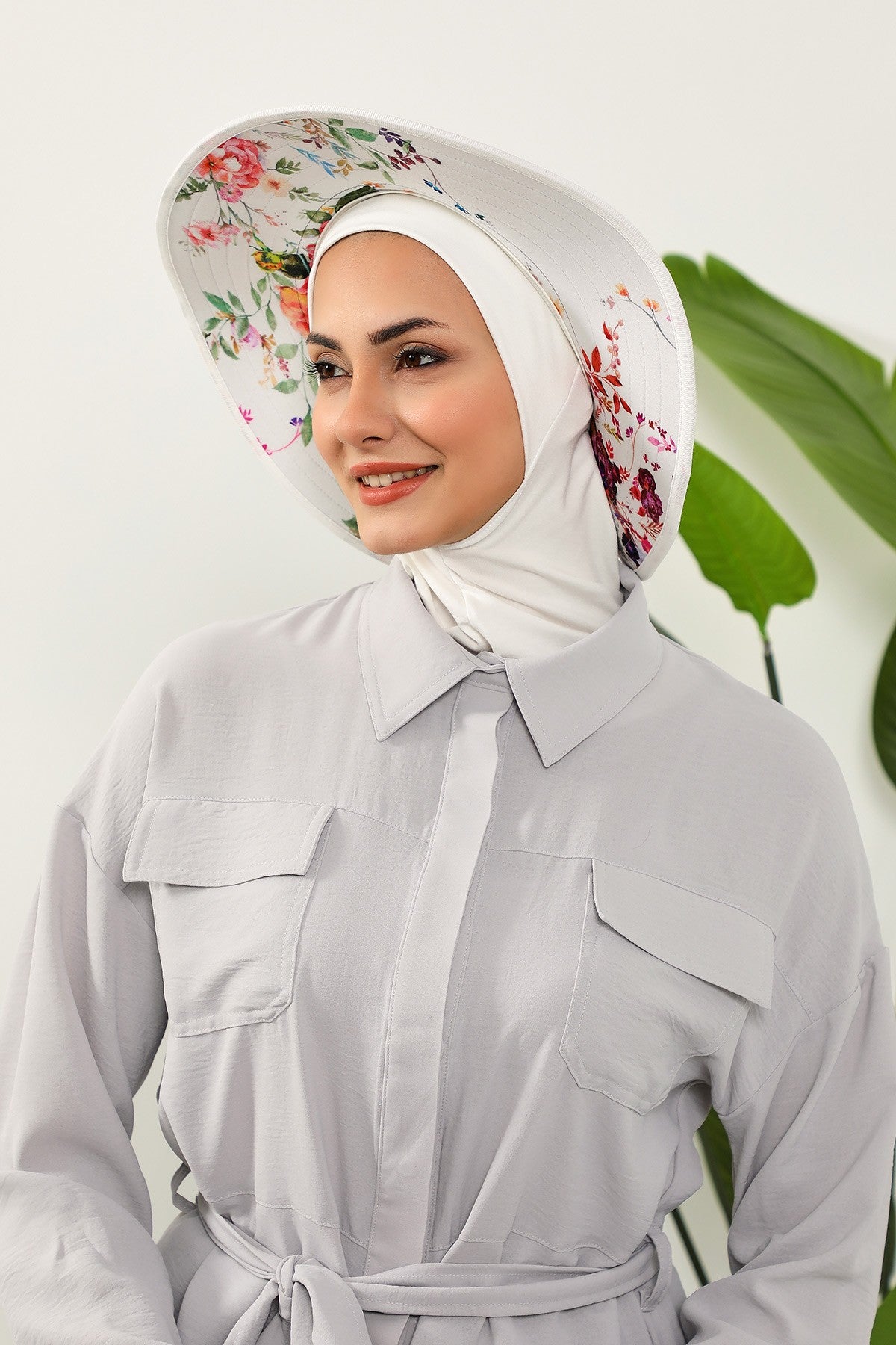 Printed Modest Sun Protective Turban Bonnet with Removable Bow Brim for Women, 2-in-1 Hijab Ninja Cap with Laminated Removable Brim Pattern,S-6D Ivory - Olive Pattern