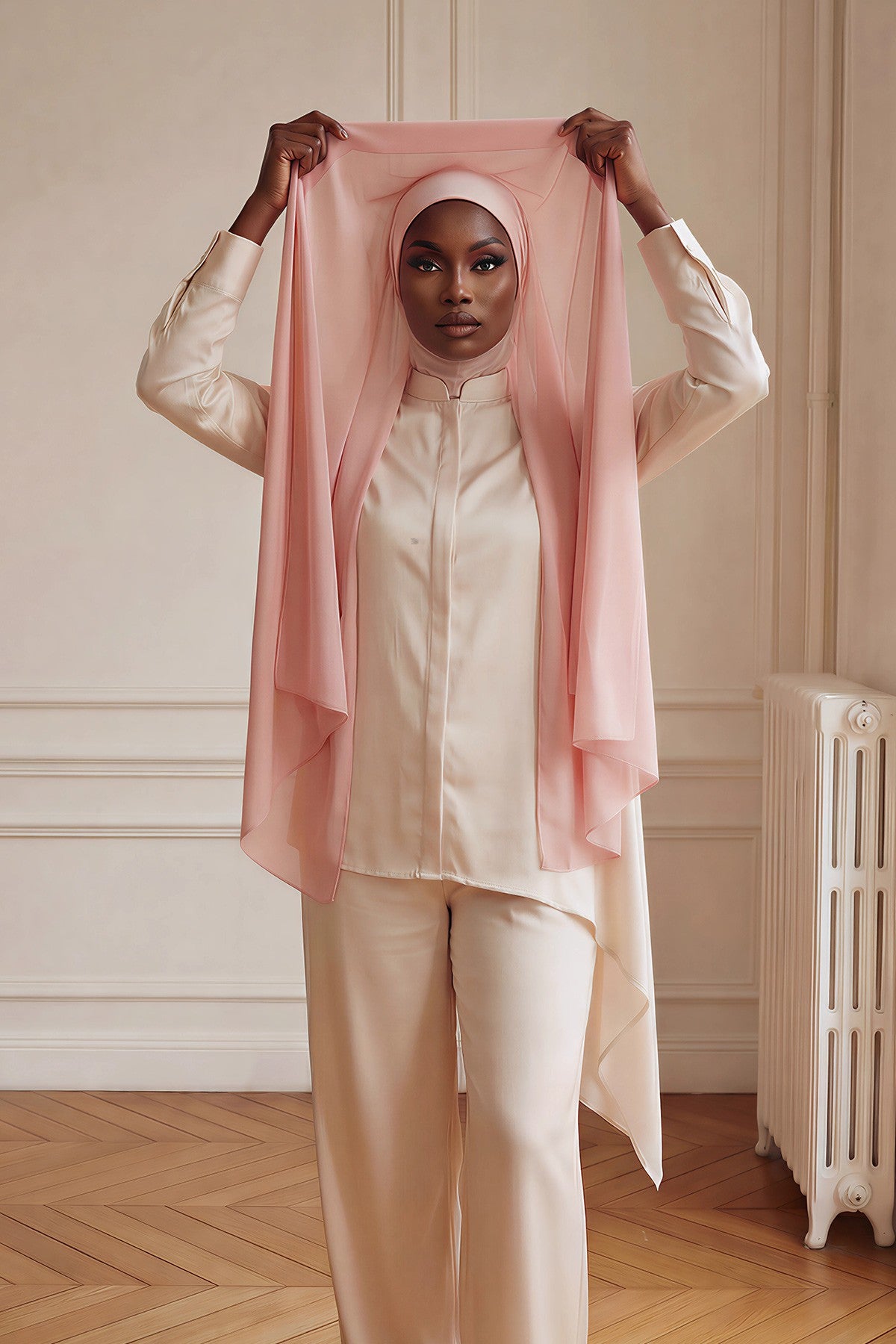 Ready to Wear One-Piece Chiffon Shawl Hijab with Built-In Cotton Undercap, Easy Modest Scarf for Women,PS-53 Powder