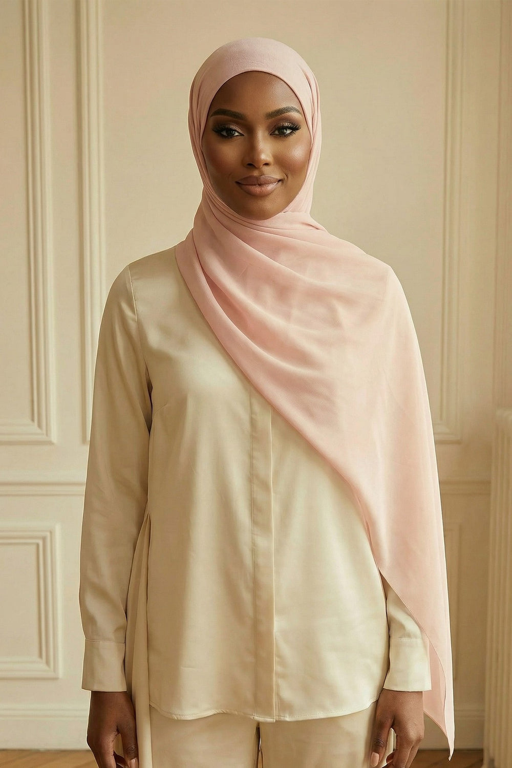 Ready to Wear One-Piece Chiffon Shawl Hijab with Built-In Cotton Undercap, Easy Modest Scarf for Women,PS-53 Powder