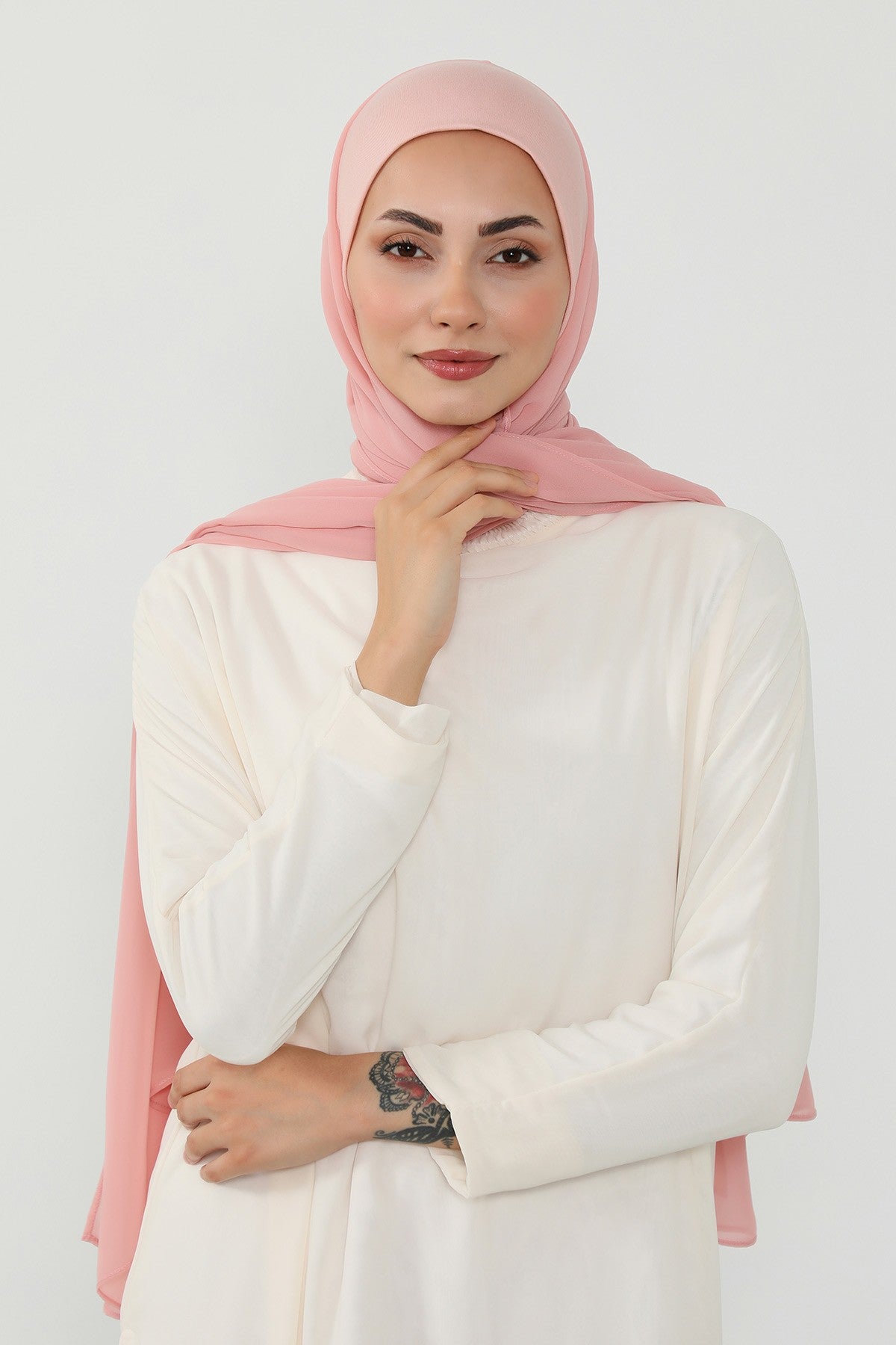 Ready to Wear One-Piece Chiffon Shawl Hijab with Built-In Cotton Undercap, Easy Modest Scarf for Women,PS-53 Powder