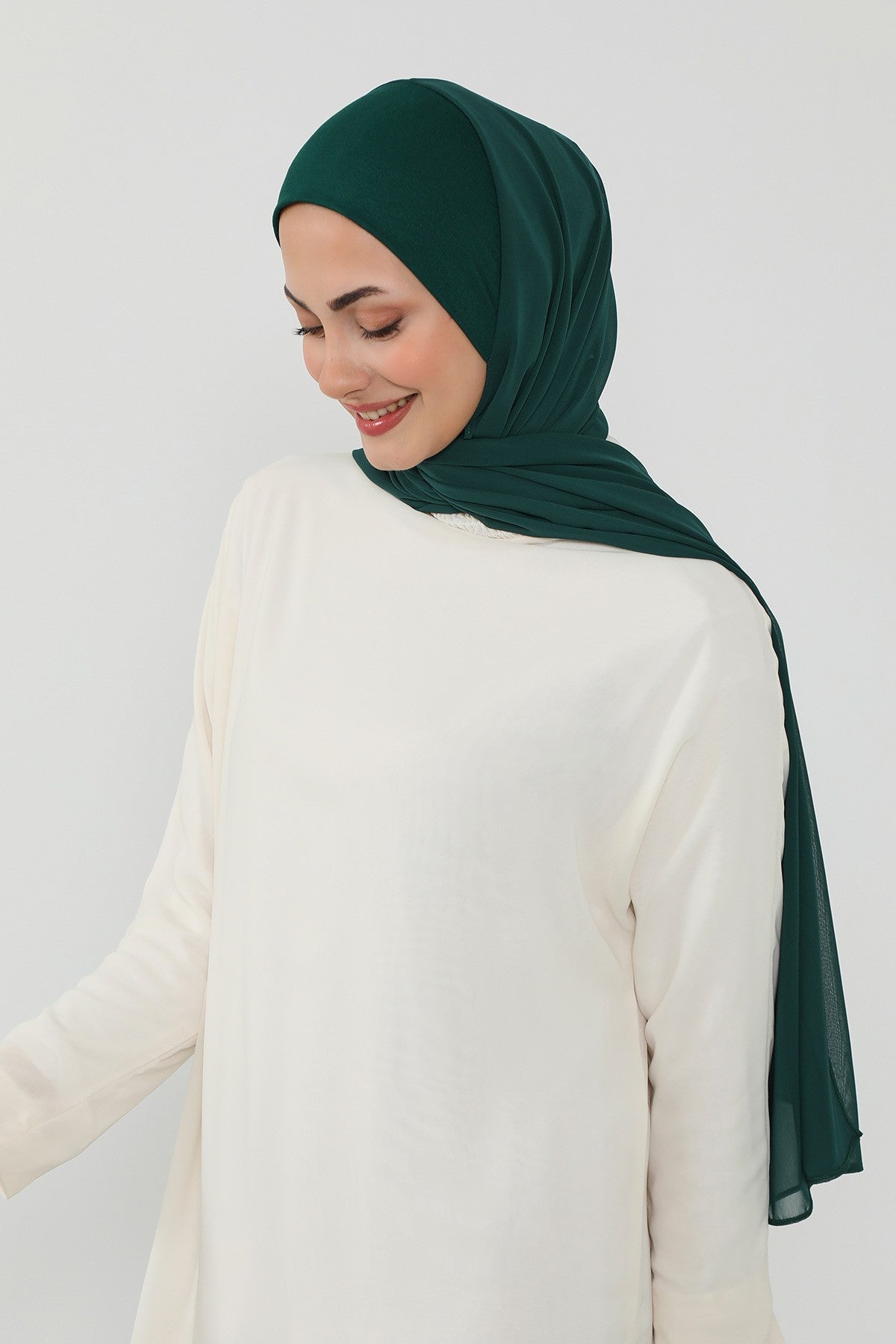 Ready to Wear One-Piece Chiffon Shawl Hijab with Built-In Cotton Undercap, Easy Modest Scarf for Women,PS-53 Dark Green