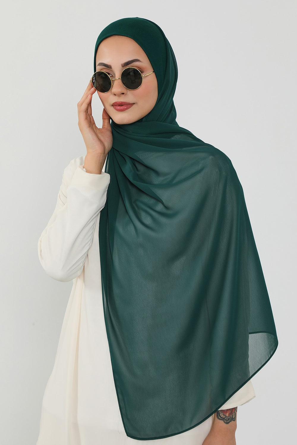 Ready to Wear One-Piece Chiffon Shawl Hijab with Built-In Cotton Undercap, Easy Modest Scarf for Women,PS-53 Dark Green