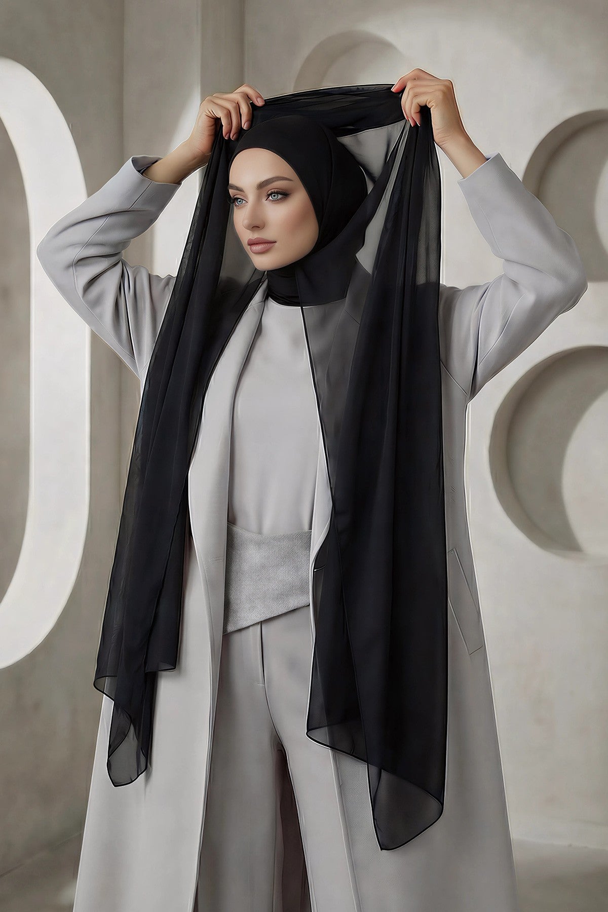 Ready to Wear One-Piece Chiffon Shawl Hijab with Built-In Cotton Undercap, Easy Modest Scarf for Women,PS-53 Black
