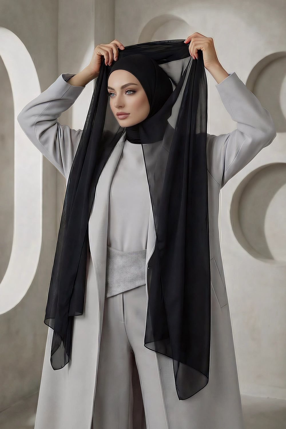 Ready to Wear One-Piece Chiffon Shawl Hijab with Built-In Cotton Undercap, Easy Modest Scarf for Women,PS-53 Black