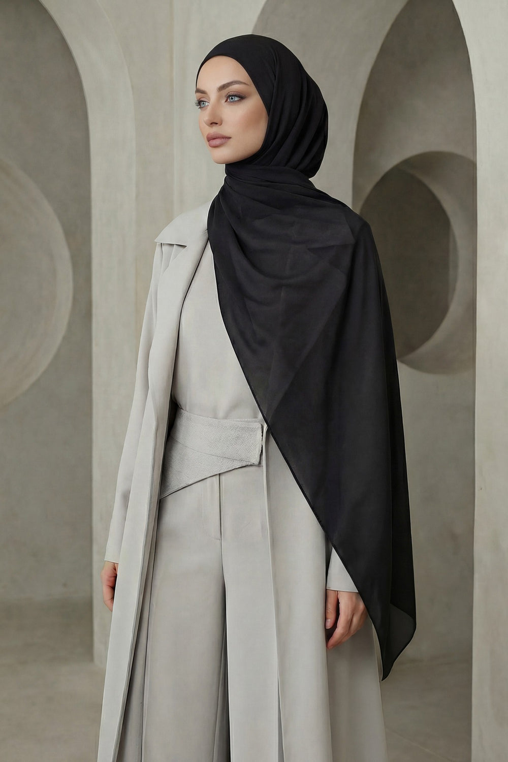 Ready to Wear One-Piece Chiffon Shawl Hijab with Built-In Cotton Undercap, Easy Modest Scarf for Women,PS-53 Black