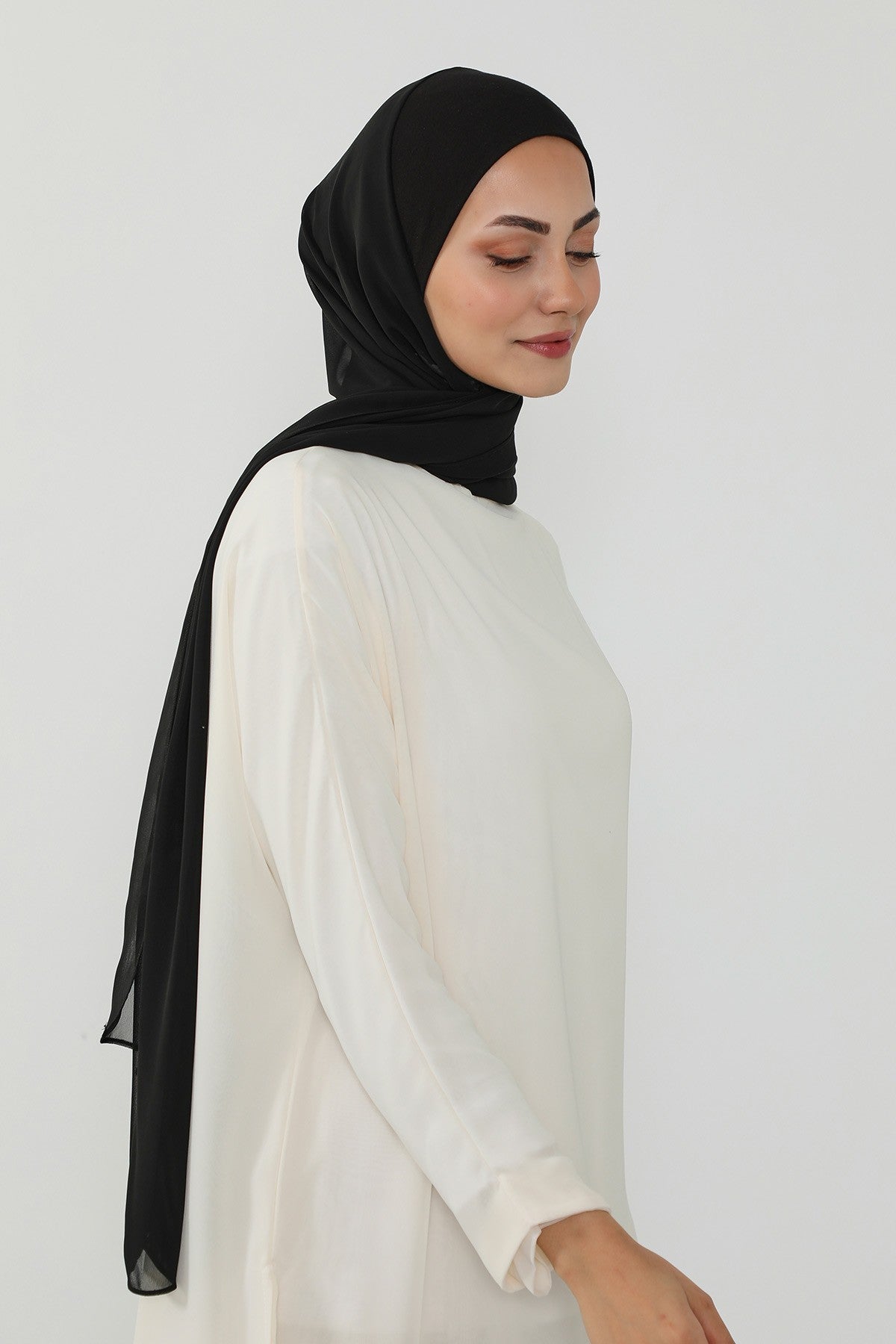 Ready to Wear One-Piece Chiffon Shawl Hijab with Built-In Cotton Undercap, Easy Modest Scarf for Women,PS-53 Black