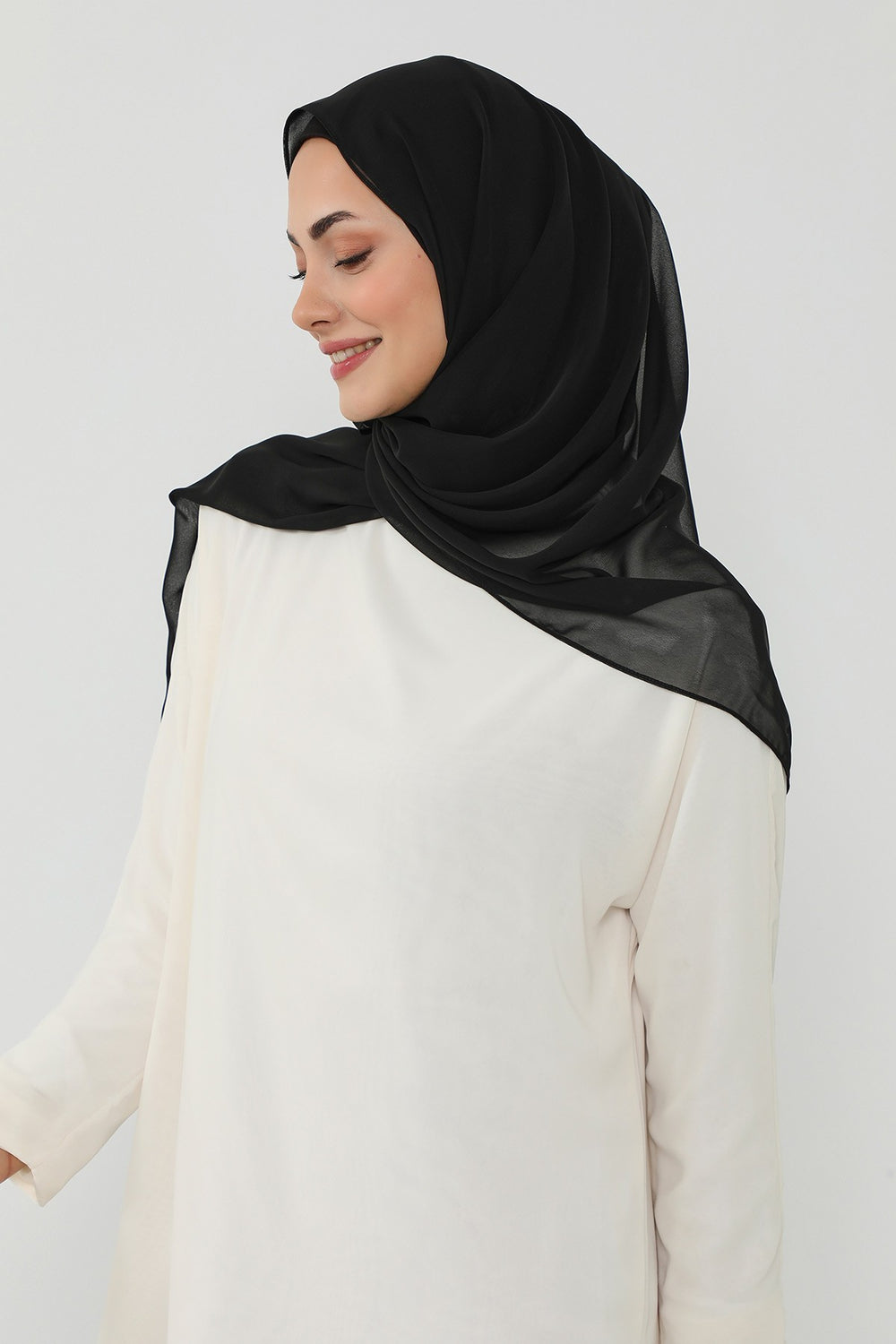 Ready to Wear One-Piece Chiffon Shawl Hijab with Built-In Cotton Undercap, Easy Modest Scarf for Women,PS-53 Black