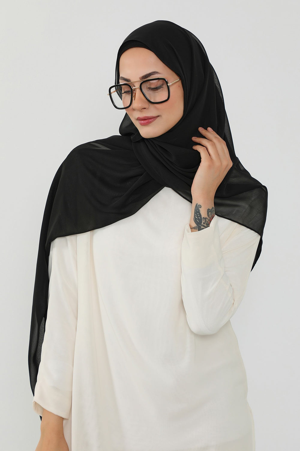 Ready to Wear One-Piece Chiffon Shawl Hijab with Built-In Cotton Undercap, Easy Modest Scarf for Women,PS-53 Black
